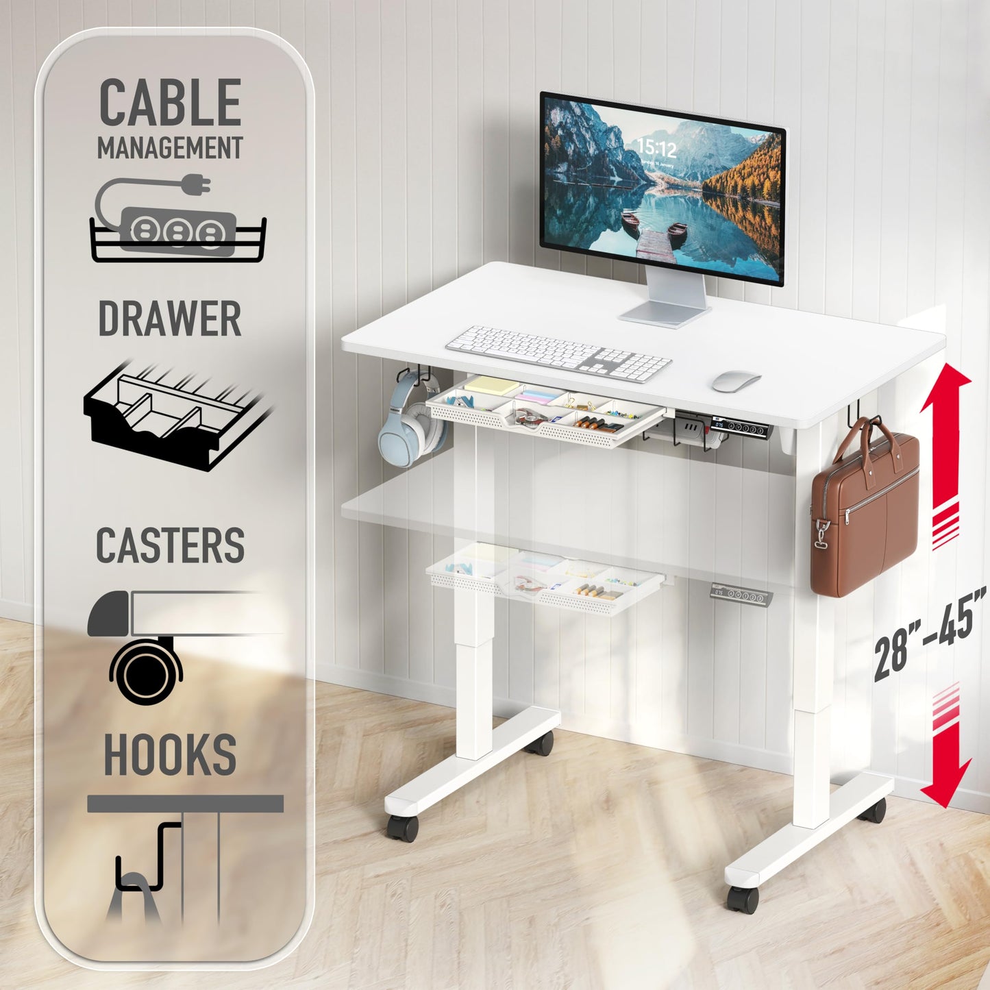 SHW 40-Inch Mobile Electric Height Adjustable Sit to Stand Desk with Drawer, Hanging Hooks and Cable Management, White