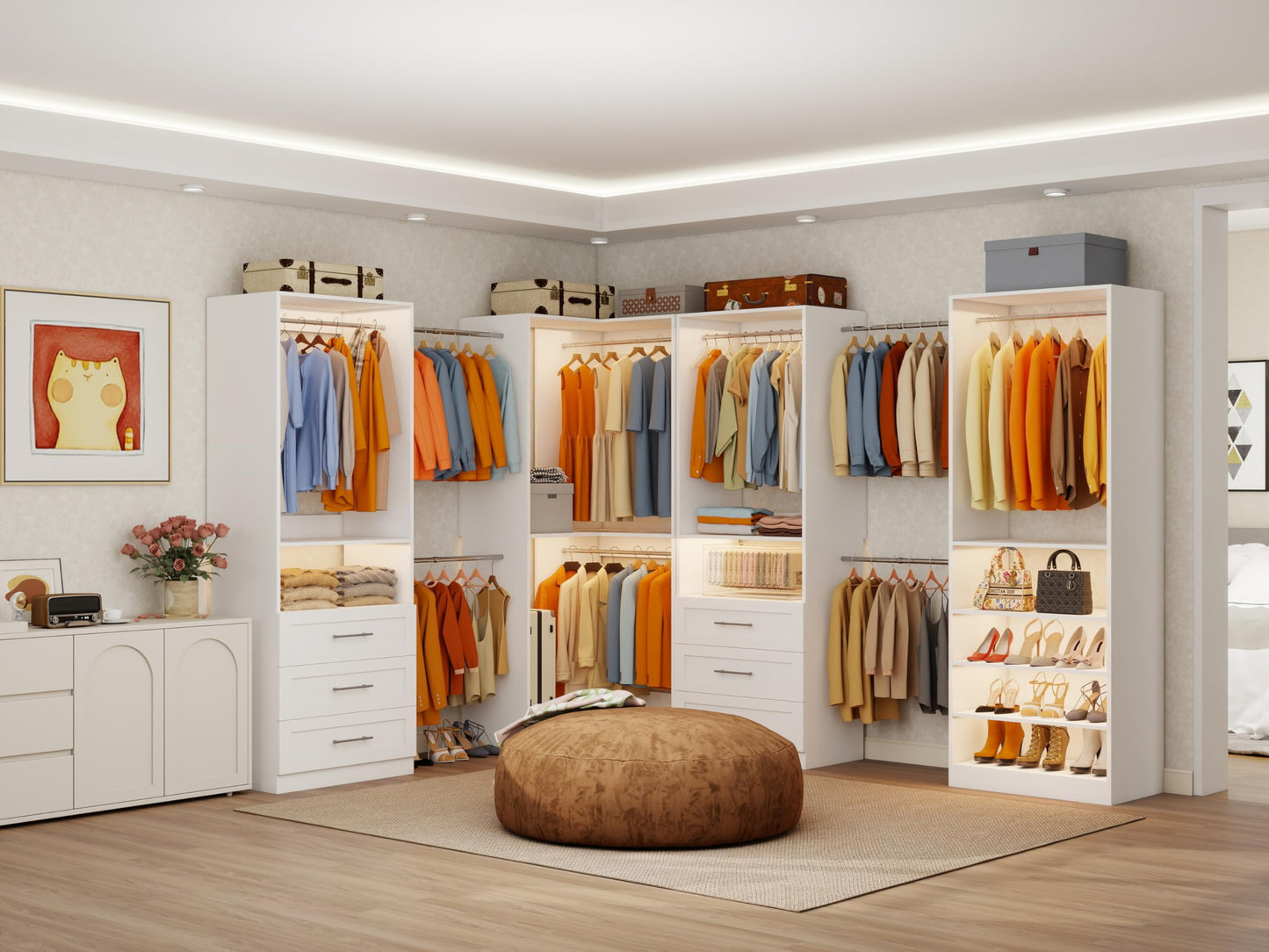 Secilix Closet System with 6 Wooden Drawers, 4.5-21.6FT L-Shaped Corner Organizer Systems with 6 Shelves & 9 Hanging Rods, Modular Closet Storage System for Walk in Closet, 2800+ Lbs Capacity,4 Sets
