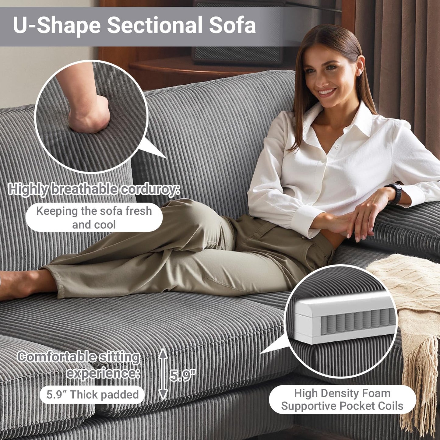 VINGLI 110" Sectional Couches for Living Room,U Shaped Couch with Double Chaise, 4-Seat Sofa Set with Corduroy Fabric for Home Furniture,Grey