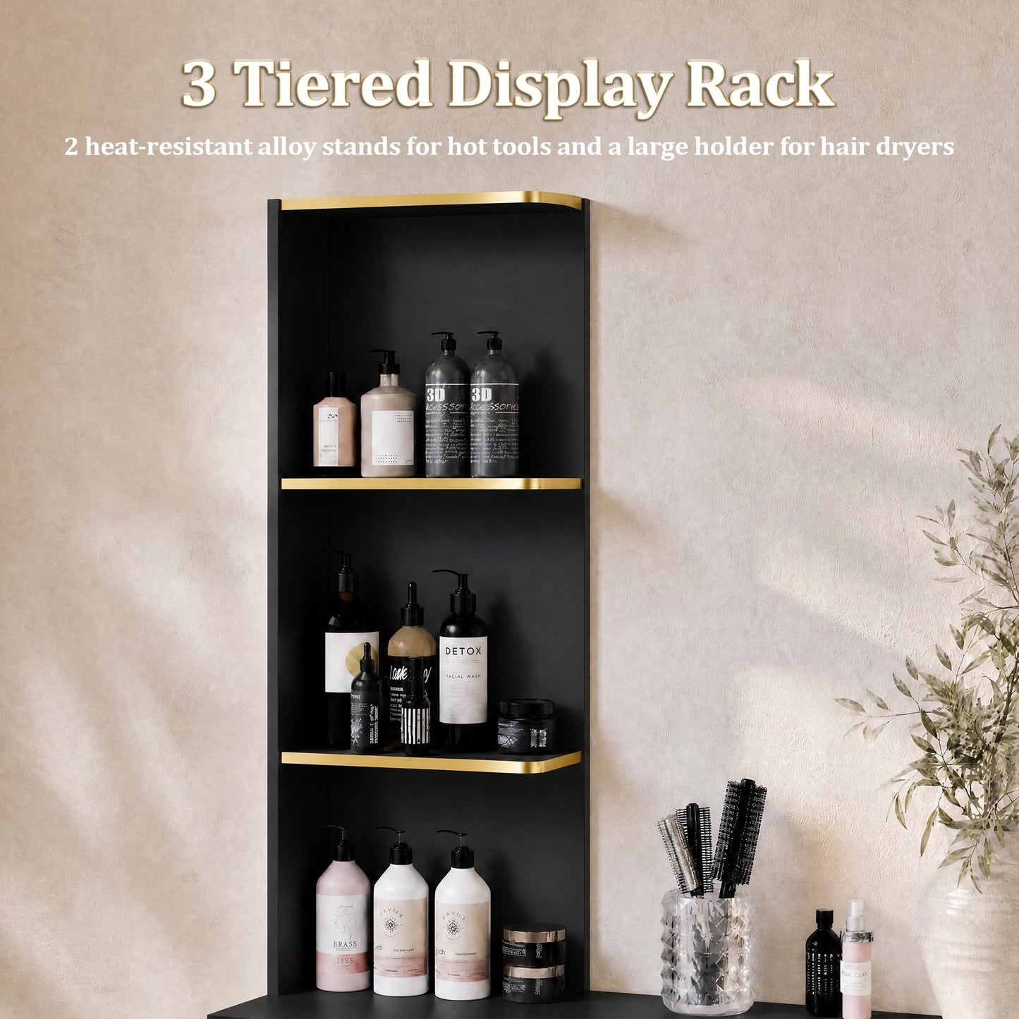 Salon Station for Hair Stylists, Professional Barber Desk Styling Station with 2 Cabinets, 3 Drawers, Display Rack & Open Shelves, Salon Storage Cabinet for Barber Shop Spa Beauty, Wall Mount, Black