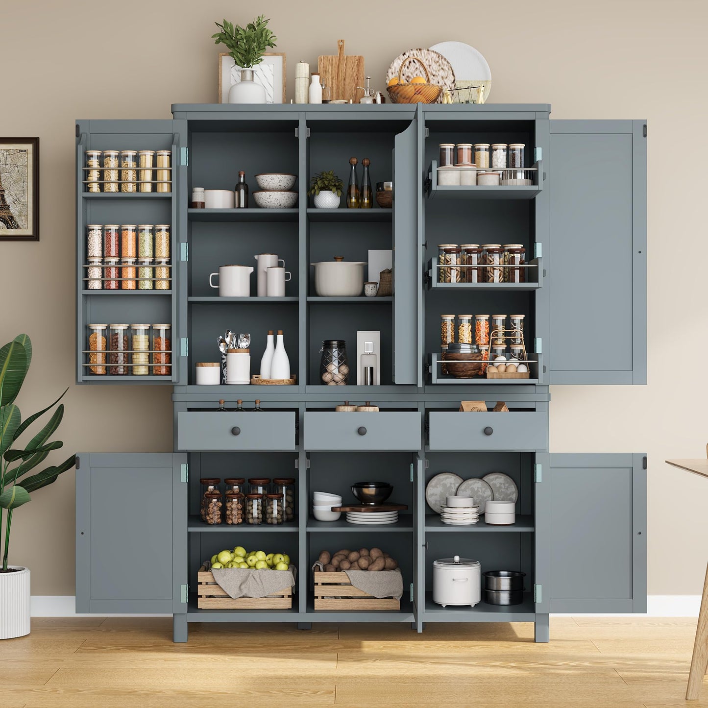 Merax 74.8'' Tall Kitchen Pantry Storage Cabinet with 6 Doors, 3 Drawers and Adjustable Shelves, Freestanding Large Cupboard & Pull-Out Trays for Kitchen, Dining Room, Living Room, Gray