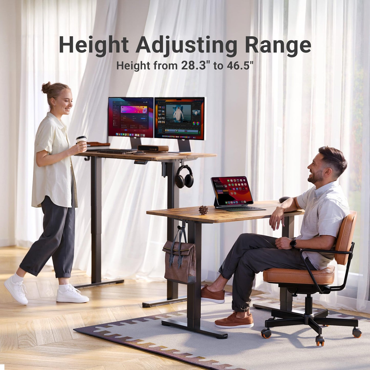 Claiks Electric Standing Desk, Adjustable Height Stand up Desk, 55x24 Inches Sit Stand Home Office Desk with Splice Board, Black Frame/Rustic Brown Top