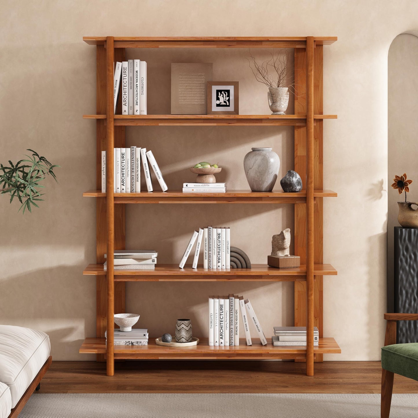 Merax 4 Shelf Bookcase H-70 L-53 Acacia Wood Open Bookshelf Teak Finish