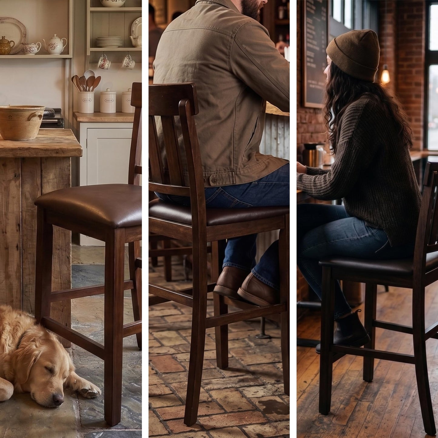 Signature Design by Ashley Haddigan Upholstered Barstool, 2 Count, Slat Back Design, Cushioned Seat, Wood, 25.5" H, Dark Brown