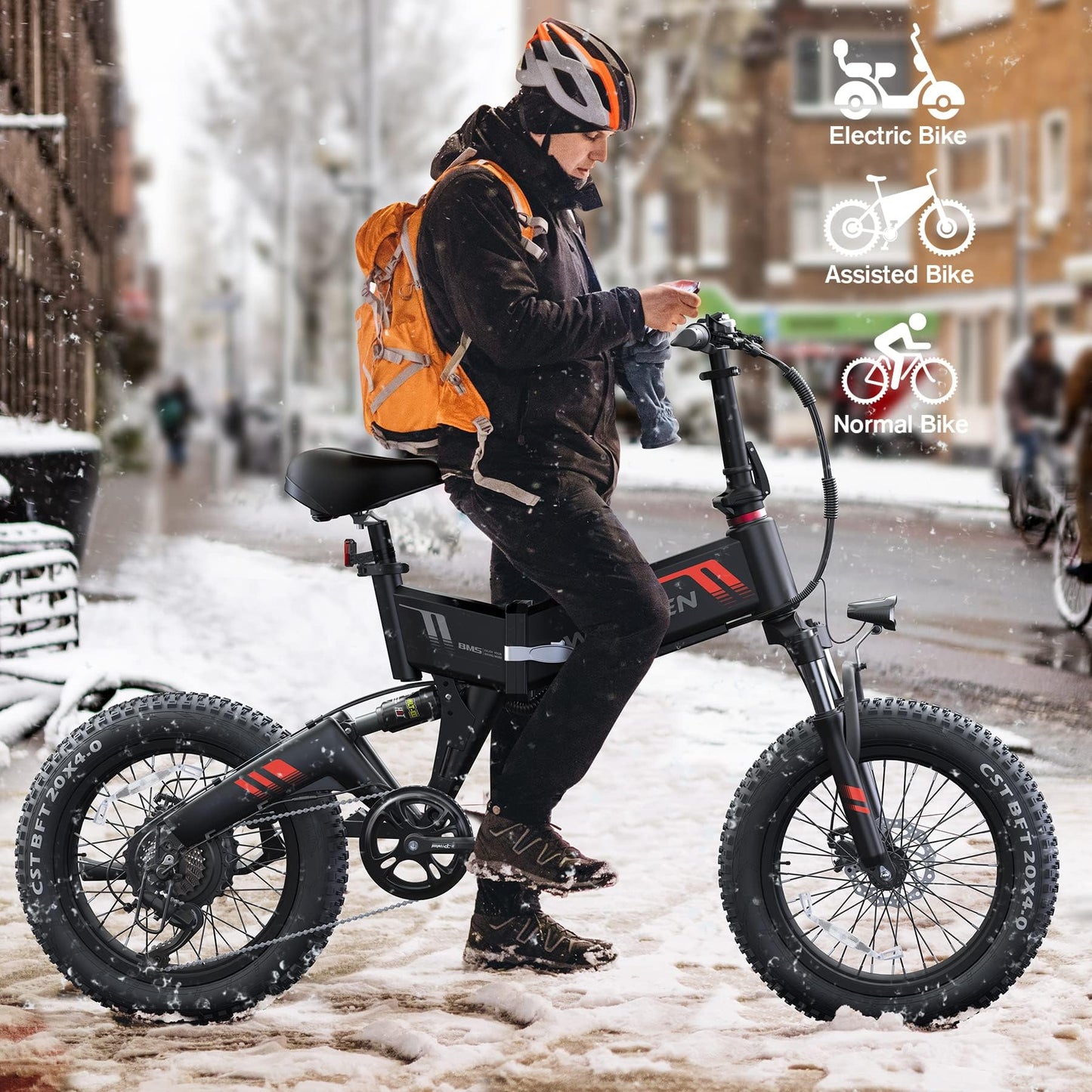 Wooken Electric Bike for Adults, 20''x4.0 Fat Tire Ebike for Adults, Peak 750W Motor Folding Electric Bicycle with 48V 10Ah Battery, 7 Speed, Full Fuspension, 20MPH Ebike for Mountain Beach Snow