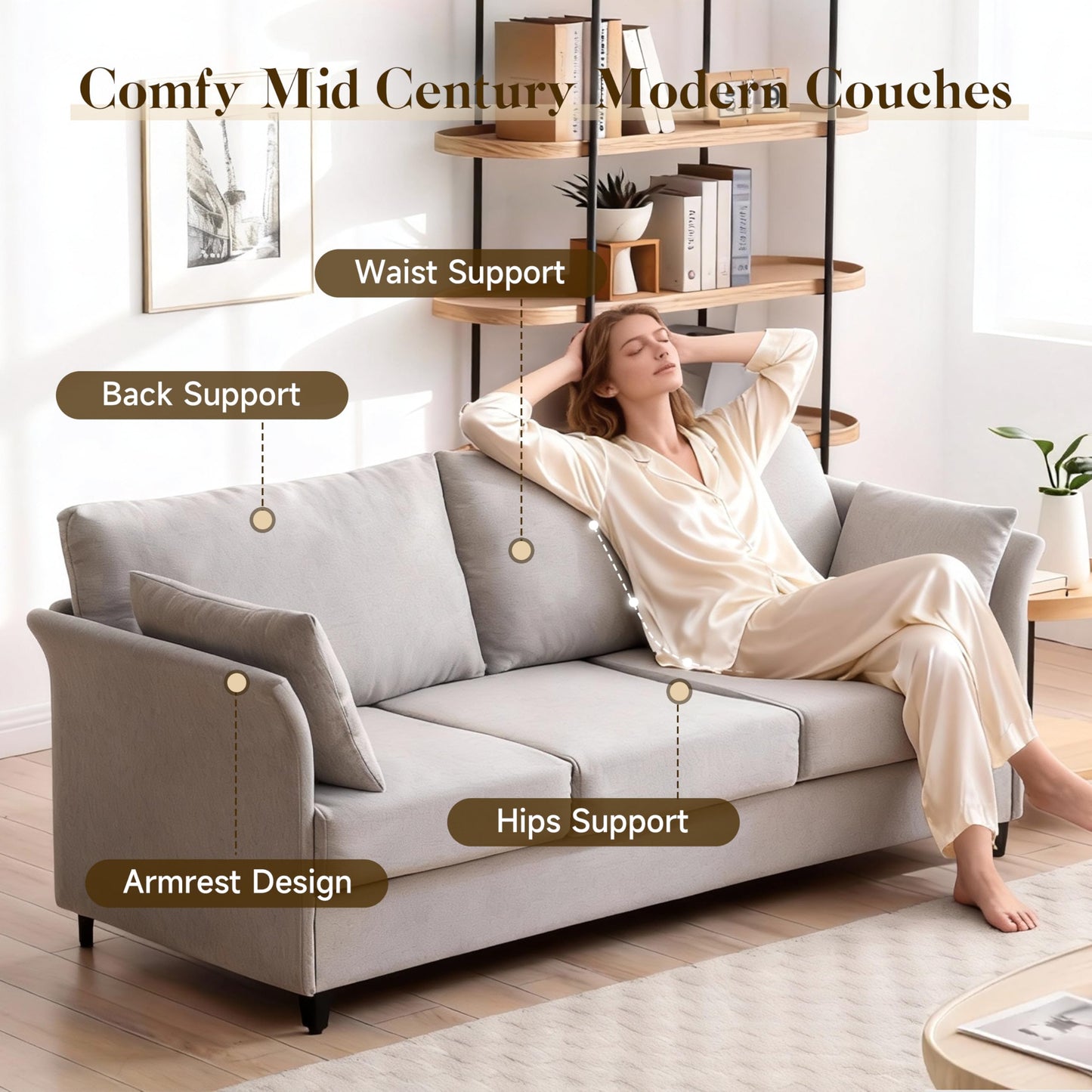 FAVSH 65" Mid Century Modern Loveseat Sofa, Upholstered Linen 3-Seater Couch with Deep Seating, Small Space Loveseat for Living Room Bedroom Apartment Office, Easy Assembly, Silvery Grey