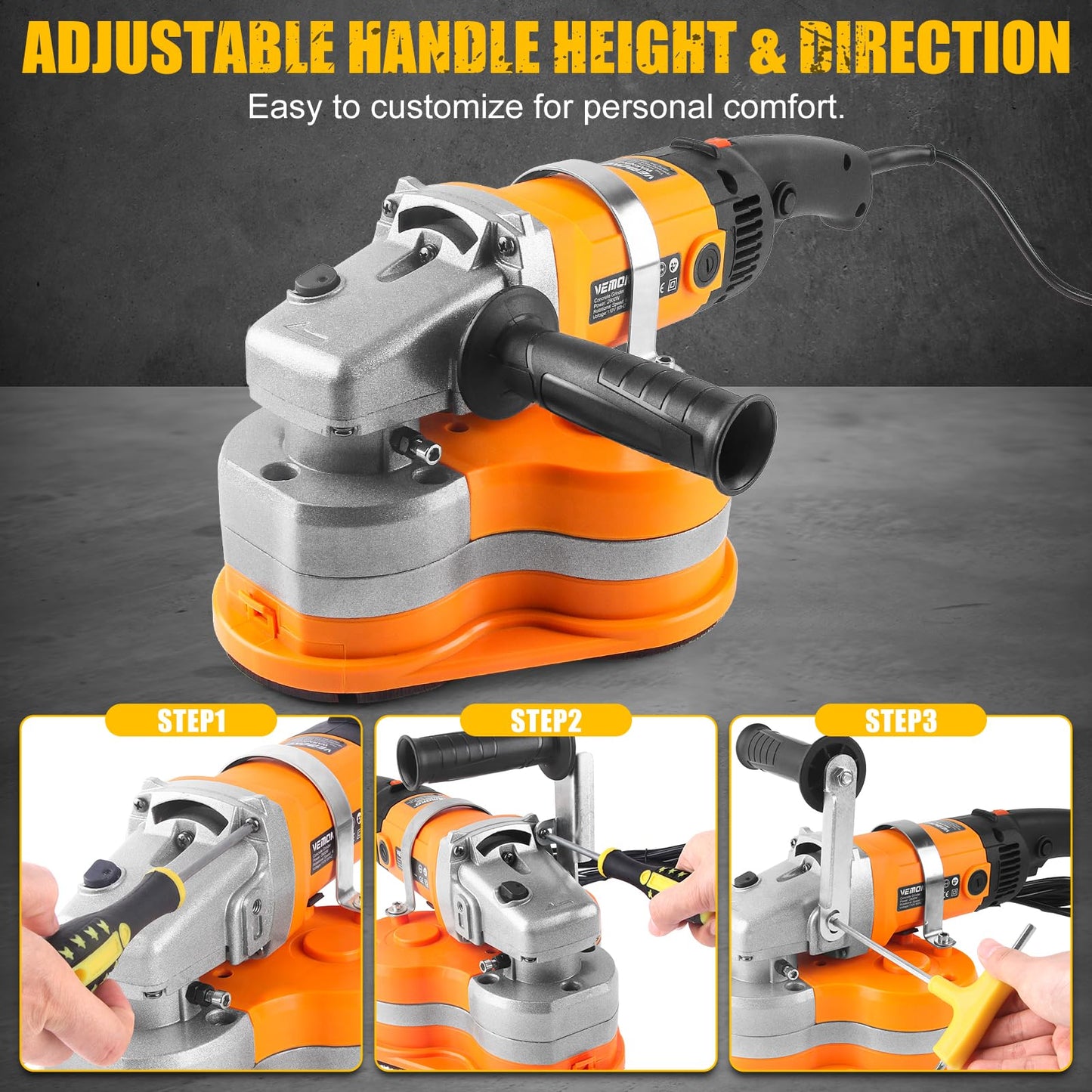 VEMOKO Electric Diamond Polisher Machine - 2800W Concrete Surface Grinder Kit with 6 Diamond Wheels, Rock/Stone/Granite Polisher & Dust Vacuum Attachment for Cement, Marble, Epoxy Floors