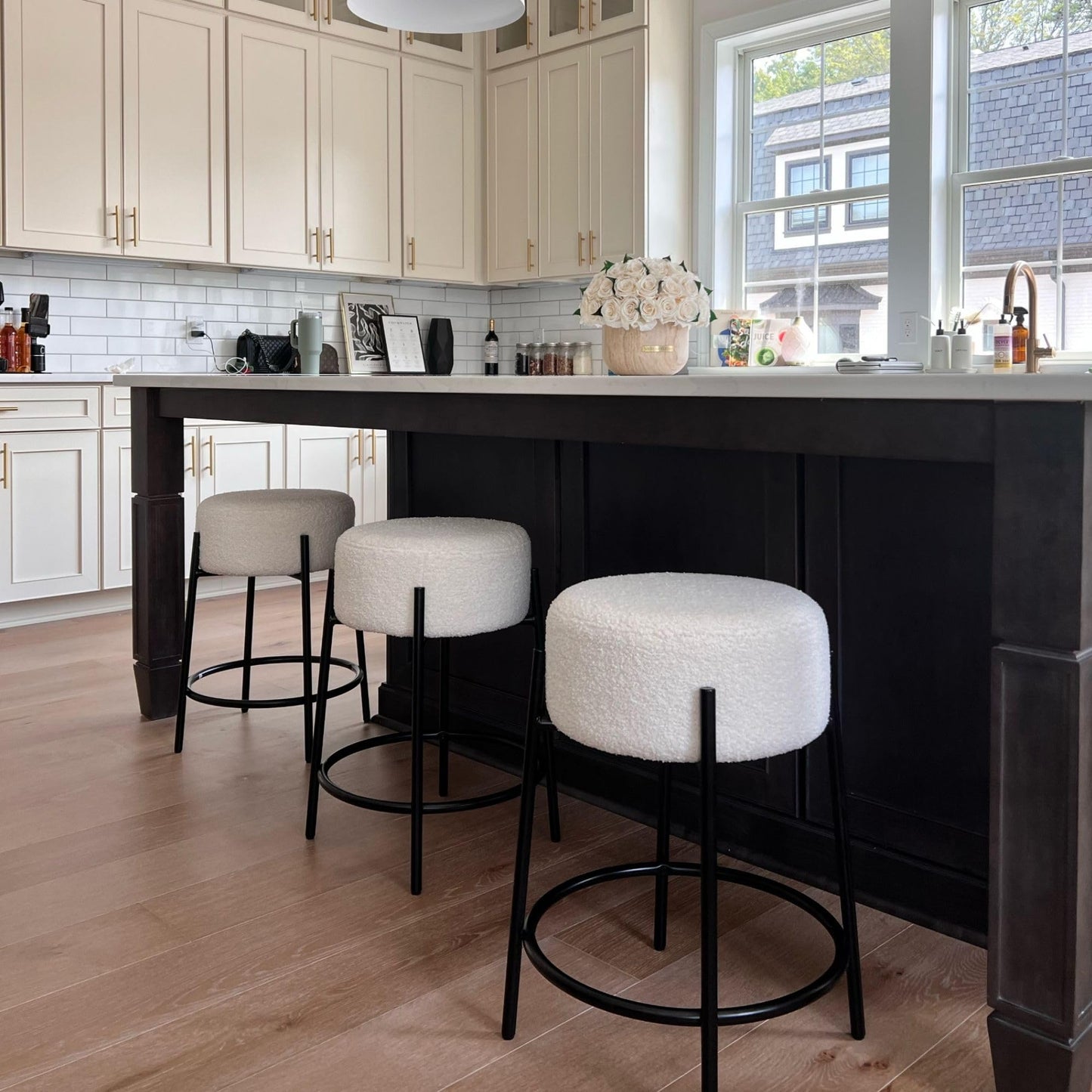 Nathan James Isaac 24" Modern Backless Bar Stool with Round Soft Padded Boucle Seat and Metal Mid-Century Base, Boucle White/Black, Set of 2