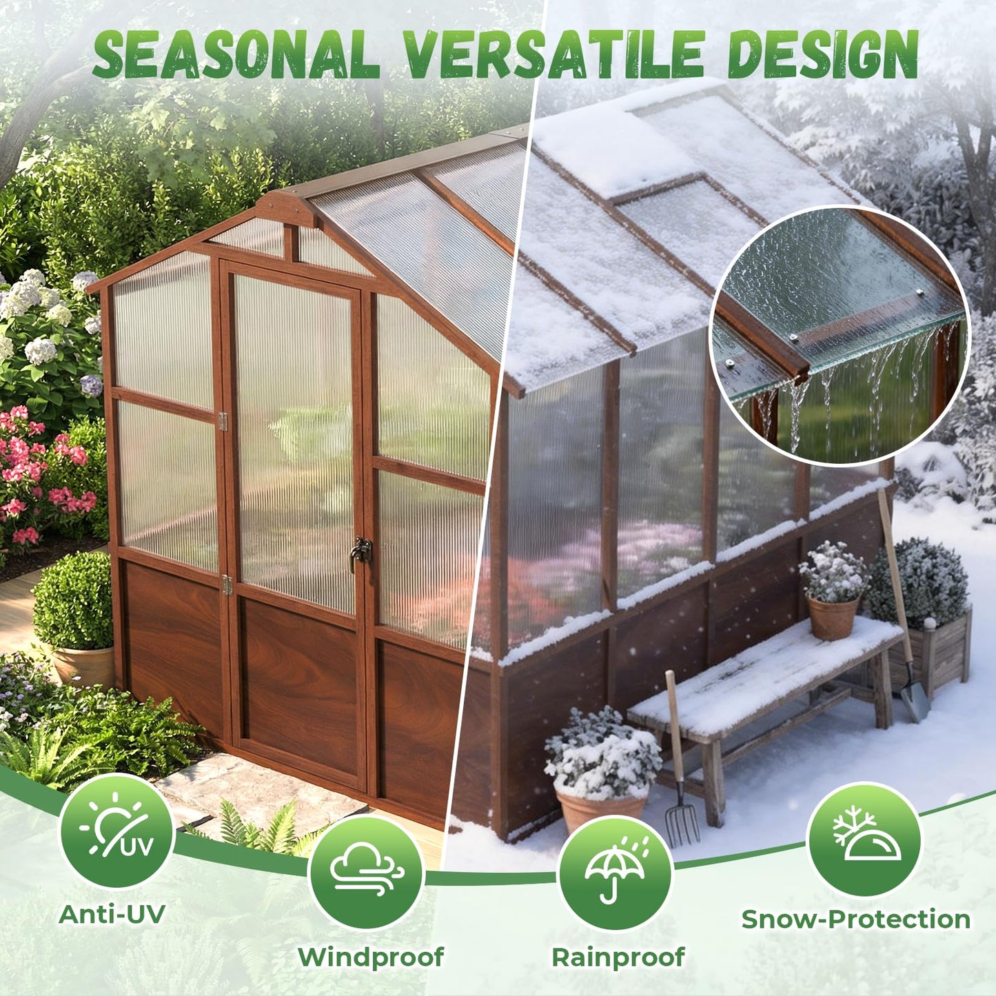 Jocoevol 6x8ft Outdoor Greenhouse, Wooden Frame Polycarbonate Greenhouse with Adjustable Roof Vents and Lockable Door Handle, Walk-in Greenhouse Perfect for Backyard and Garden