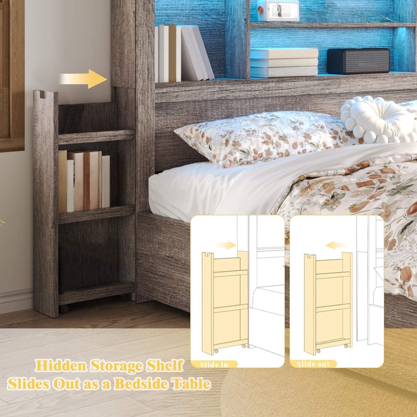 LUXOAK King Bed Frame with 49.6" Bookcase Headboard & 2 Bedside Stoage Racks & 4 Drawers, Farmhouse Wood Bed Frame with RGB LED & Charging Station, No Box Spring Needed, Grey