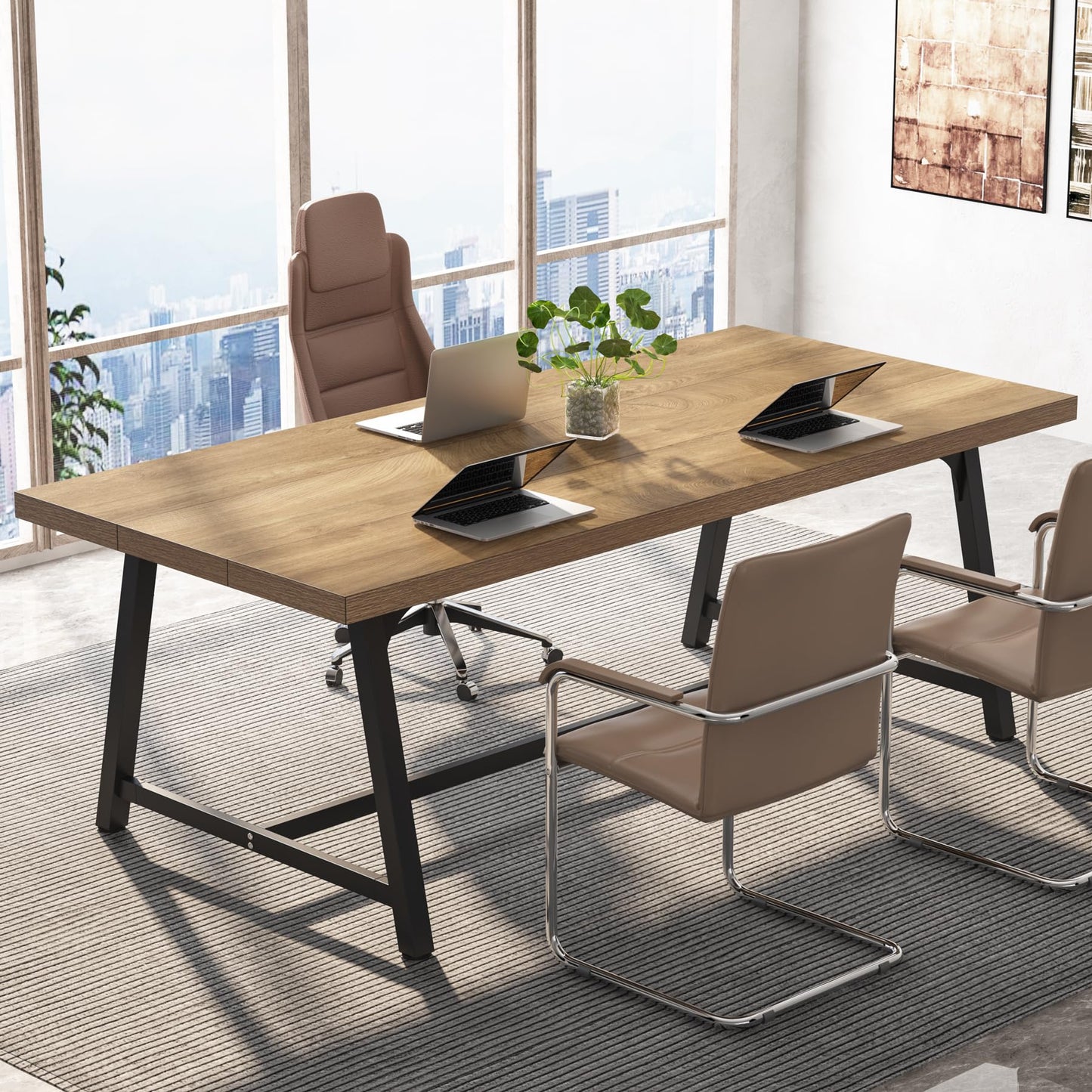 Tribesigns 6FT Rectangle Conference Table, 70.87L x 33.46W x 29.92H Inches Meeting Table for Conference Room, Wood Office Executive Desk with Strong Metal Frame for 6 People, Yellow Brown
