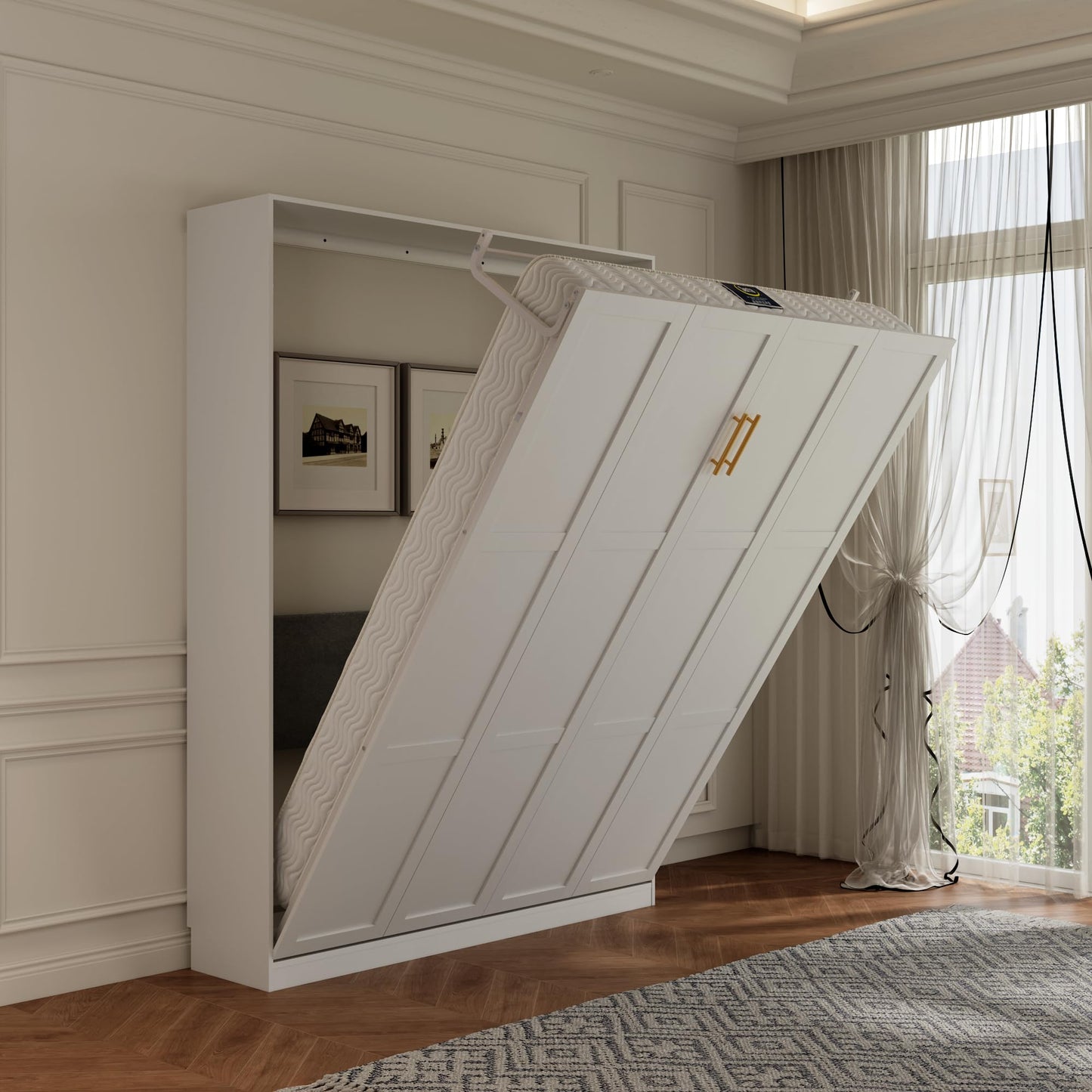 Jiaoun Queen Murphy Bed,Farmhouse Guest Beds,Folding Wall Bed with Hydraulic Bar,64" W Twin Murphy Beds for Small Spaces/Offices/Apartments/Guest Room,White