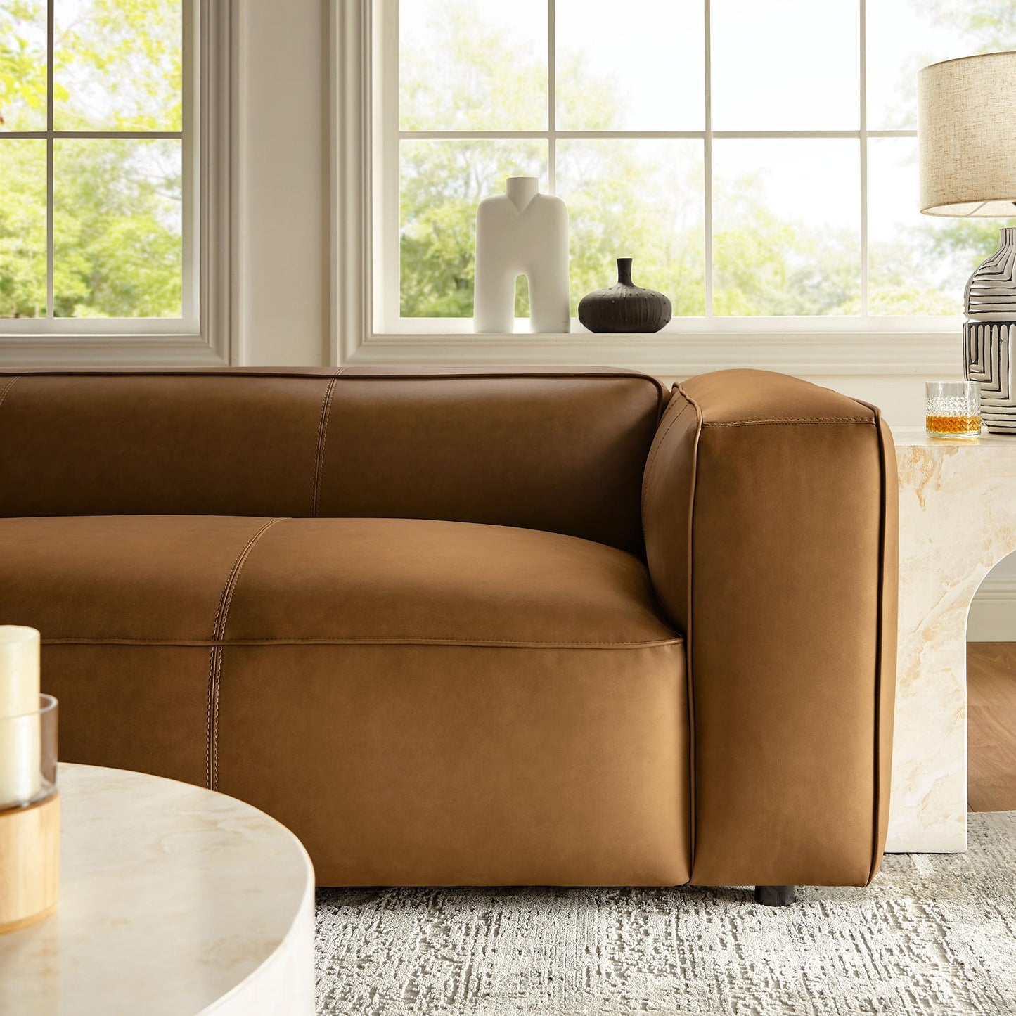 Modway Auren Vegan Leather Sofa in Camel - Faux Leather 3 Seater Couch - 88 Inch Comfy Modern PU Leather Sofa - Oversized Mid Century Modern Couch for Living Room, Apartment, Loft