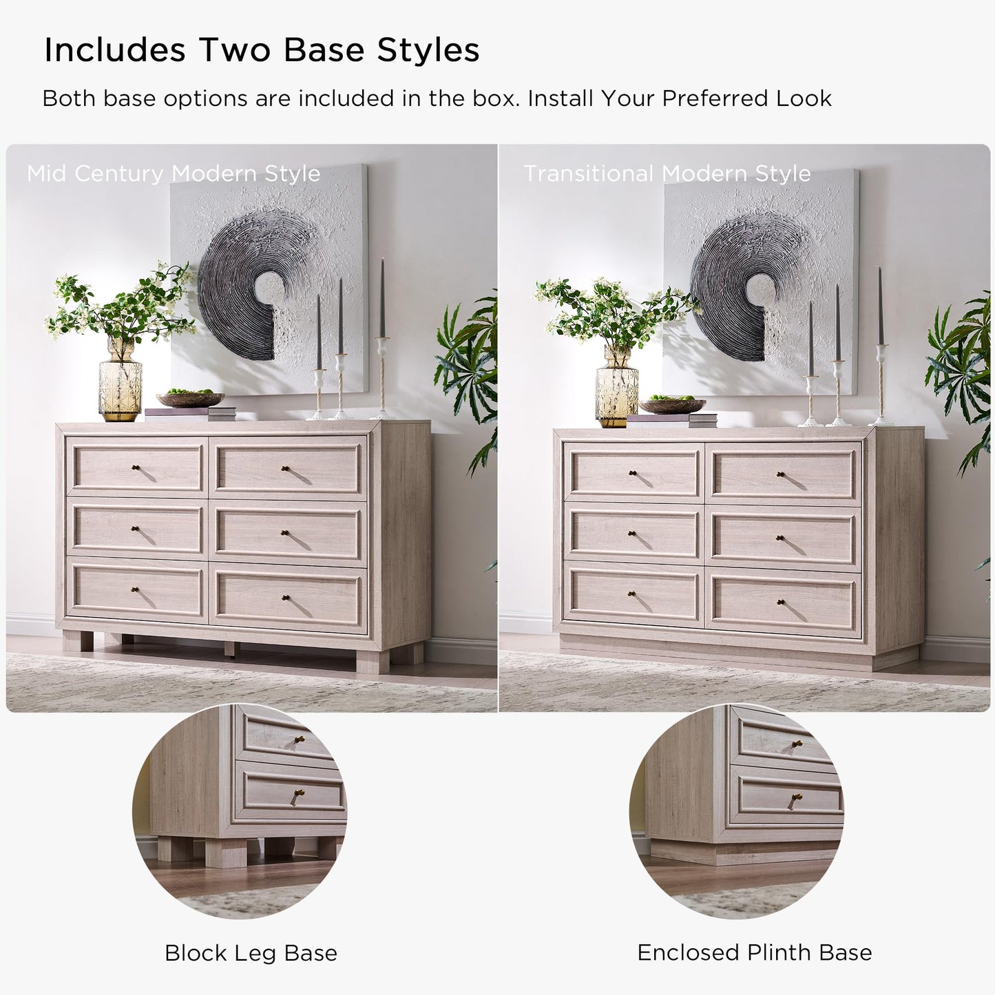 JXQTLINGMU Dresser for Bedroom with 6 Drawers, Two Included Base Styles, 52" Wide Closet Dresser TV Stand w/Storage, Wooden Mid Century Modern Chest of Drawers for Living Room, Hallway, White Alder