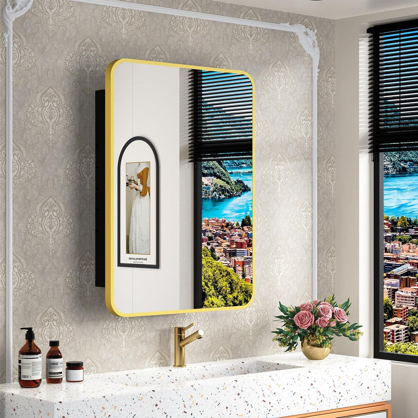 ACEMIRO 20x28 Inch Gold Recessed Medicine Cabinet with Mirror Metal Framed Surface Wall Mounted Bathroom Medicine Cabinet Mirror with Storage
