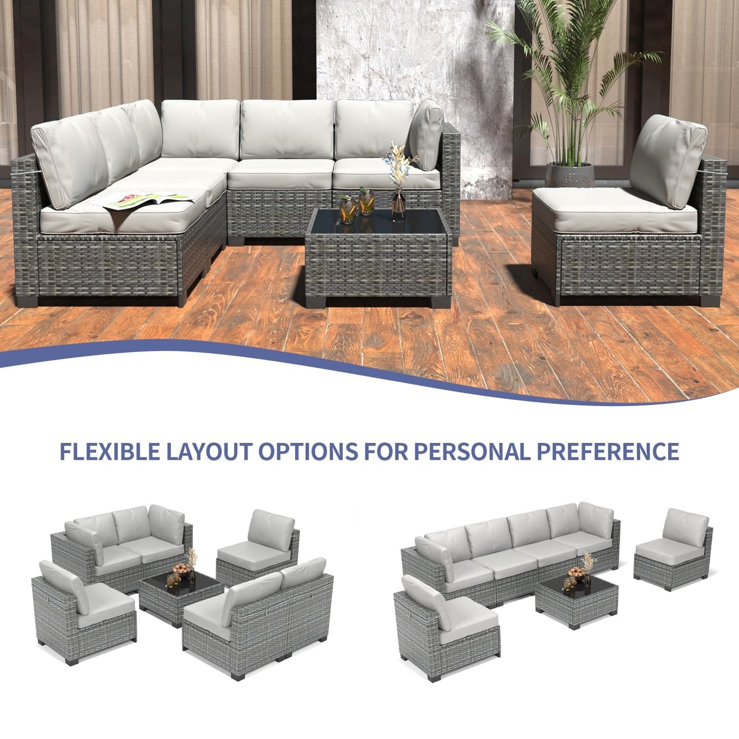 GarveeHome 7 Piece Patio Furniture Set, PE Rattan Wicker Sectional Sofa Set with Cushions & Glass Top Coffee Table, Outdoor Conversation Furniture for Garden, Balcony, Porch, Backyard