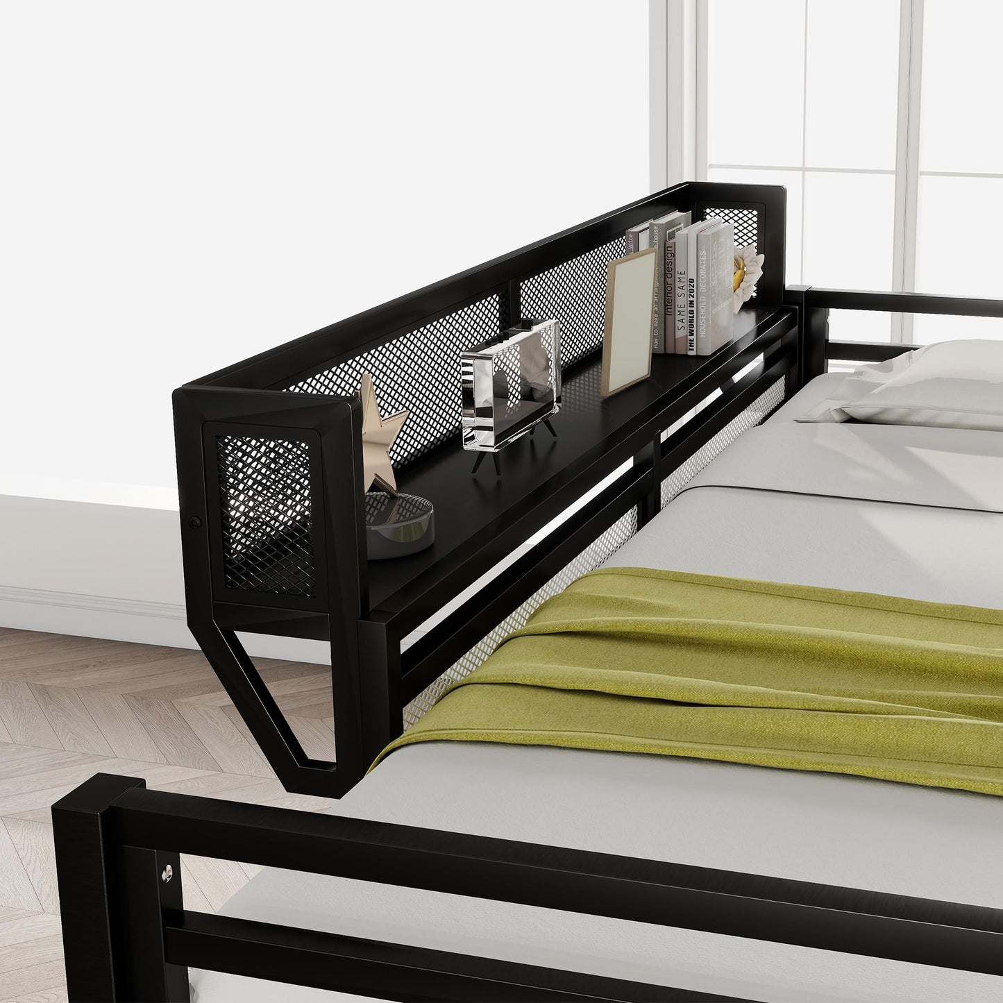 KEIKI Queen Size Metal Loft Bed Frame with Ladder and Built-in Storage Shelves, for Teens, Modern Style Loft Bed with Solid Slats, Guardrail, No Box Spring Required, Easy Assembly, for Bedroom, Black