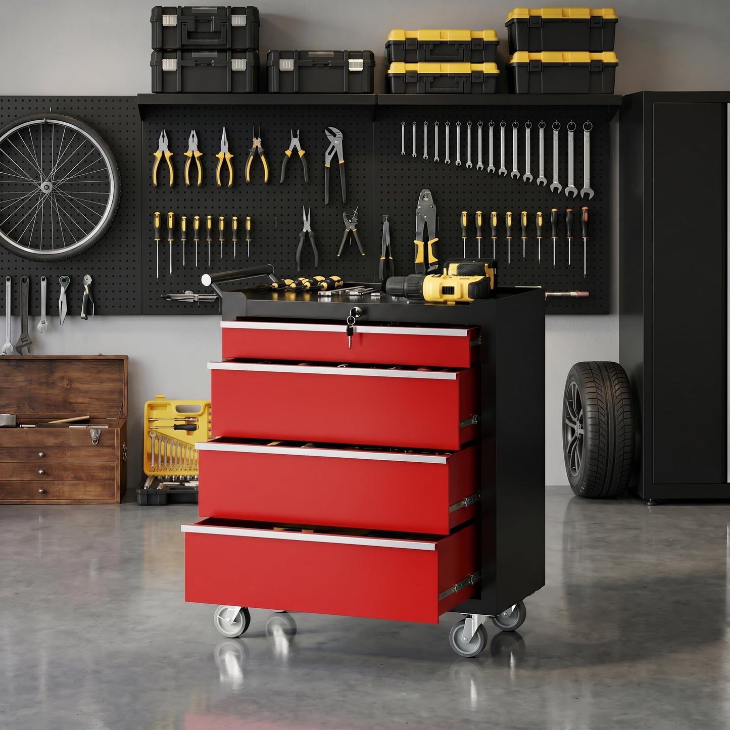 IDEALHOUSE Rolling Tool Chest, 5 Drawers Tool Storage Cabinet, Toolbox with Wheels, Portable Tool Cabinet Organizer with Locking System & Drawer Liners, Tool Storage Cart for Garage, Workshop