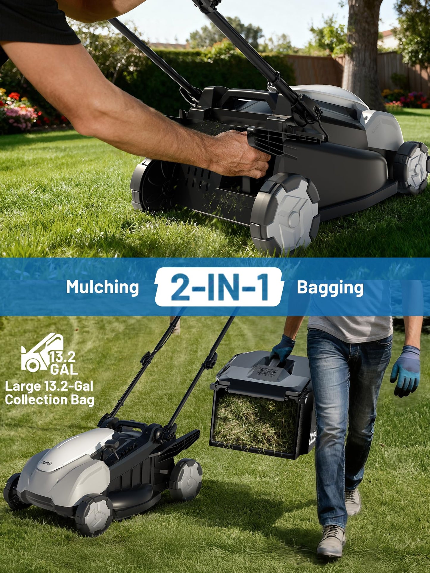Litheli 18" Self-Propelled Lawn Mower, 40V Battery Lawn Mower(2 x 5.0Ah), Push Mower with Brushless Motor, 2-in-1 Mulching & Bagging