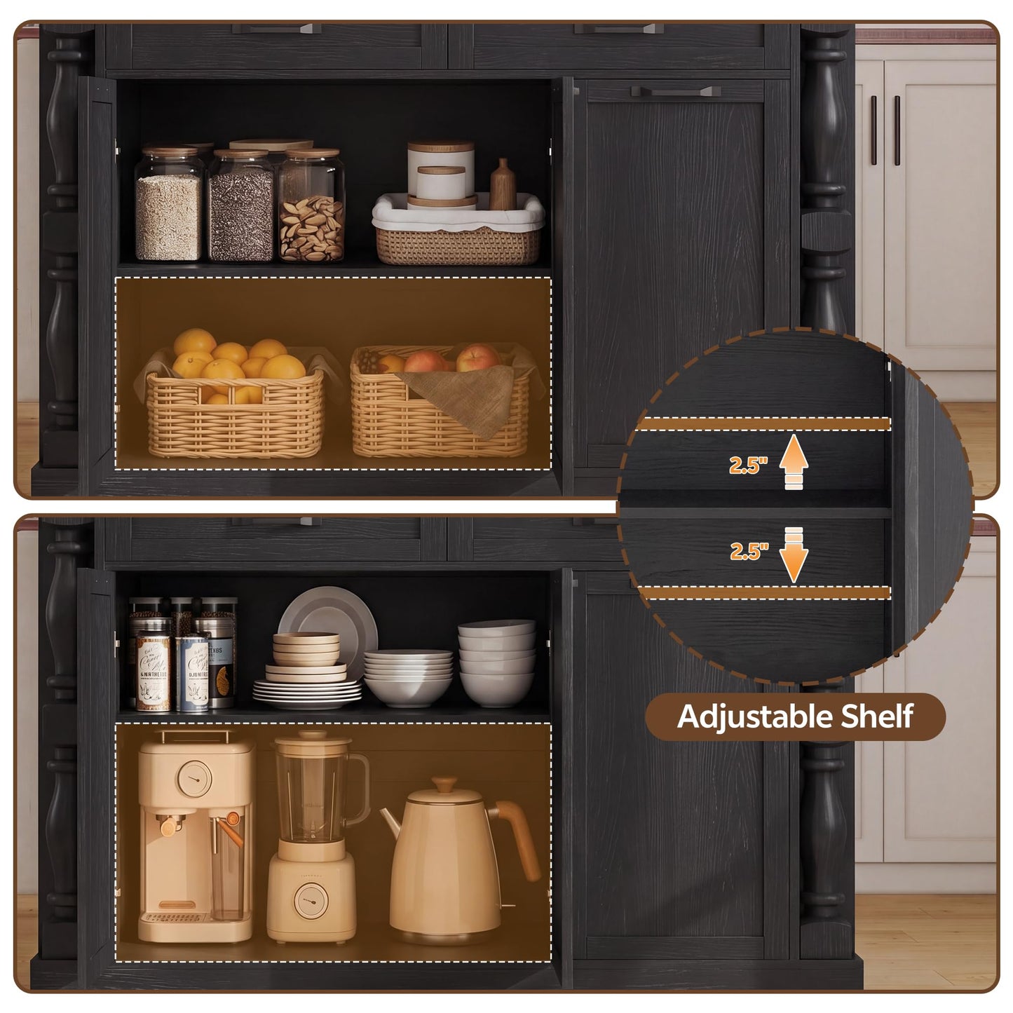 Homiflex Kitchen Island, 47.6"x20" Kitchen Island with Spice Rack & 11.8" Drop Leaf, Coffee Cart on Wheels Breakfast Bar Table Storage & Trash Bin Islands Table with Power Outlet for Dining Room-Black