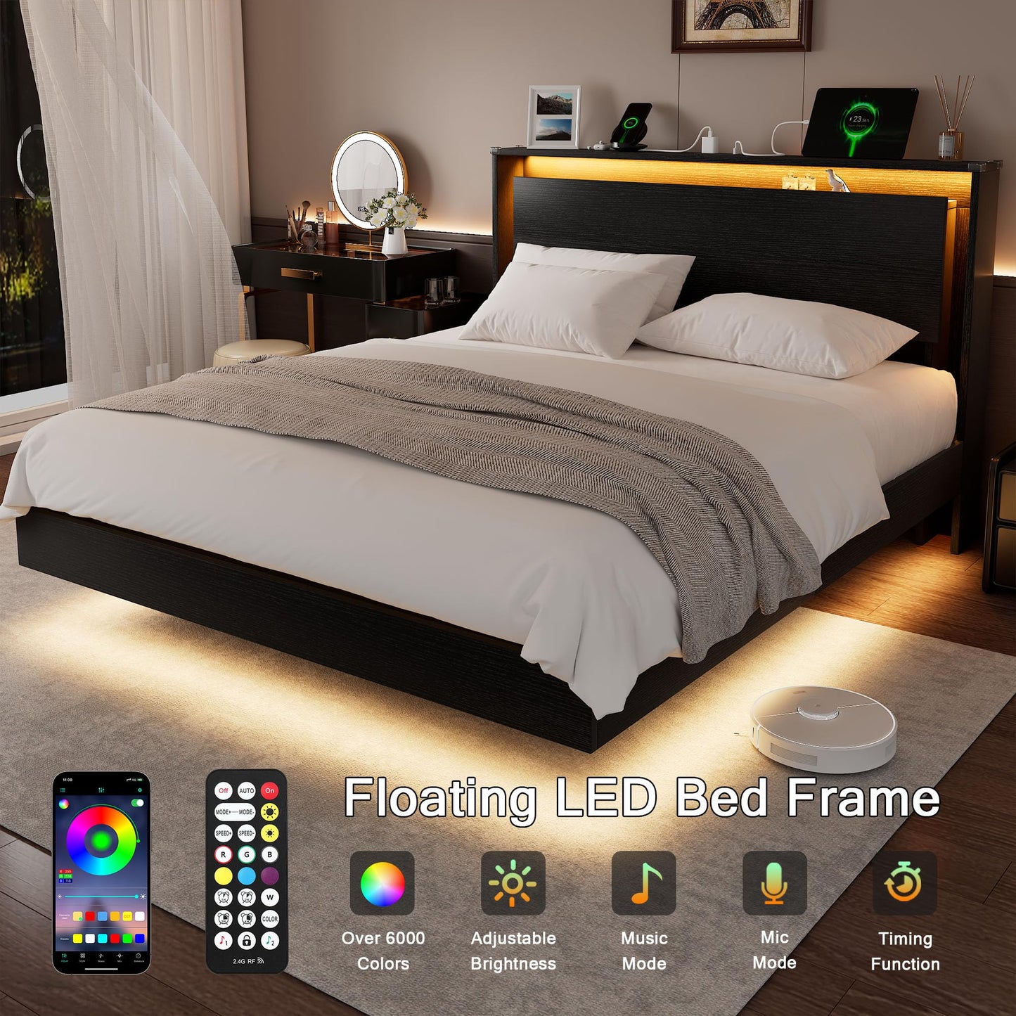 Einhomn Bed Frame Queen Size with LED Lights & Charging Station – Kids Wood Floating Queen Bed Frame with Storage Headboard, Adhesive Slats, Kick-Free & Noise-Free Design, Easy Assembly, Black