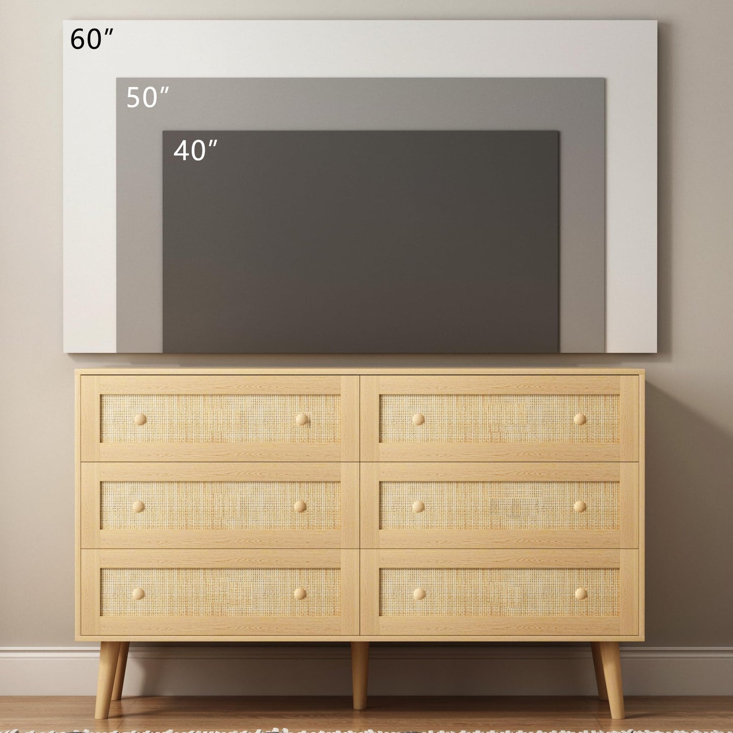 HUANLEGO Rattan Dresser for Bedroom, Modern 6 Drawer Dressers & Chest of Drawers, Natural Boho Dresser with Handles Wood Storage Organizer Modern Dressers for Closet, Hallway, Office
