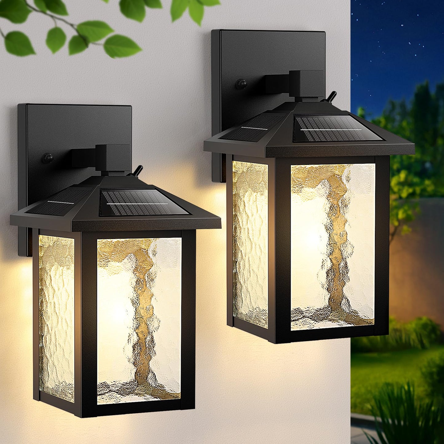 BesLowe Solar Wall Lights, 3000K/5000K Adjustable, Wireless LED Lantern Sconce, Black, Model YM-3161, 2-Pack