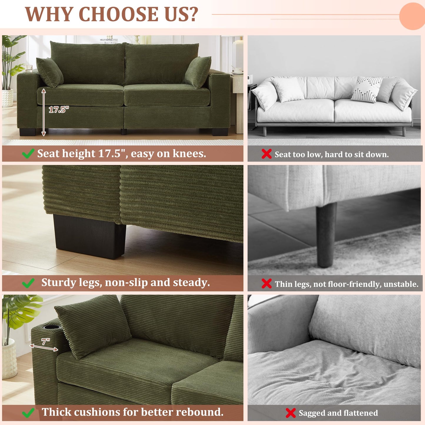 78" Cloud Loveseat Sofa, Modern 2 Seater Loveseat Couch with Dual Cup Holders & USB Charging Ports, Comfy Corduroy Upholstered Sofa with Side Storage Pockets for Apartment