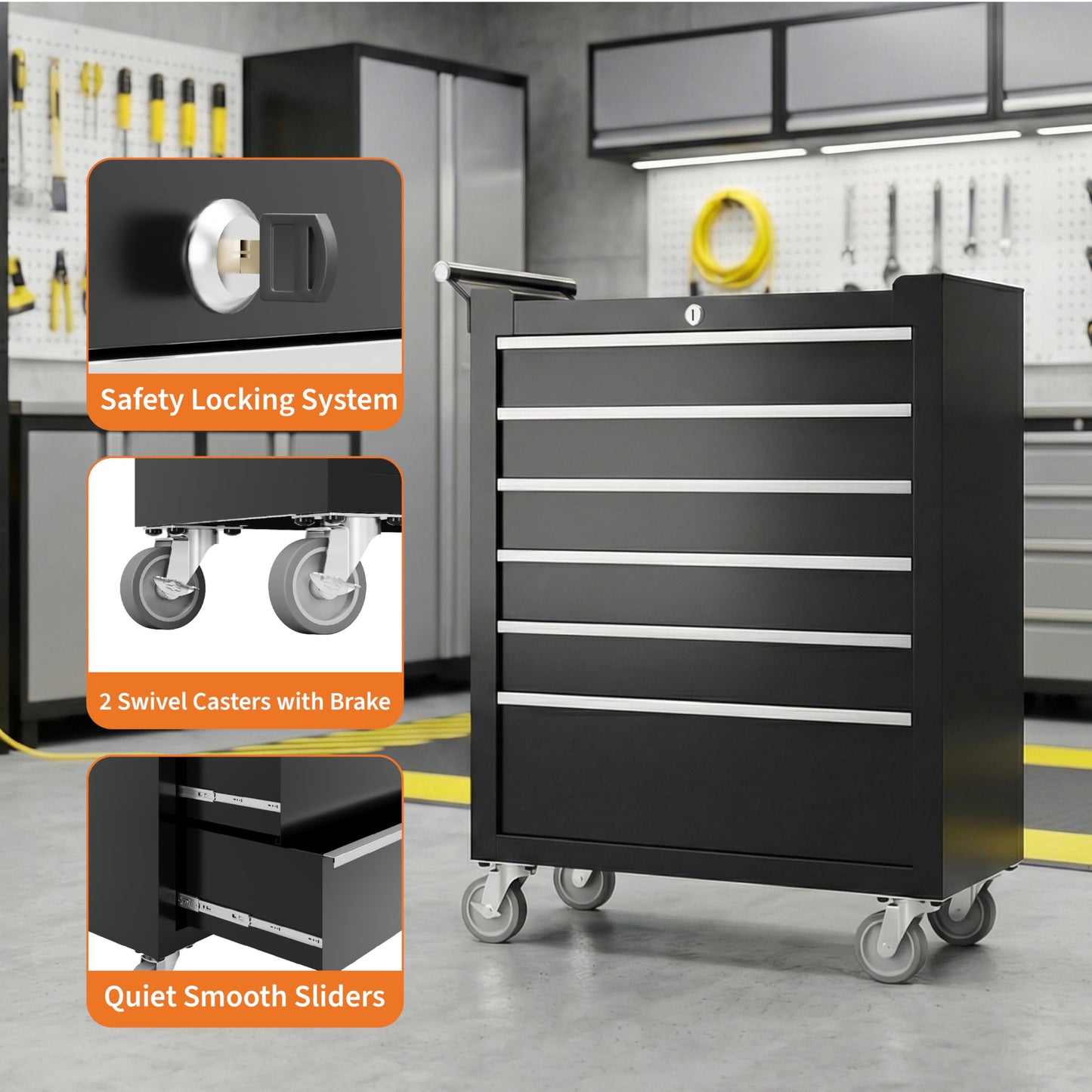 Rolling Tool Chest with Wheels, 6 Drawer Tool Storage Cabinet, Portable Toolbox Organizer with Lock, Heavy Duty Tool Chest Cart for Garage, Mechanic, Workshop, Shop, Mobile Tool Organizer, Black