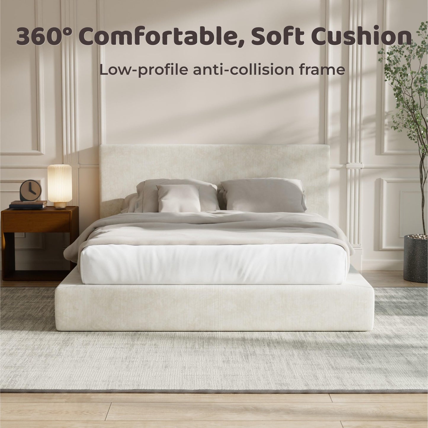 RECCI AirFrame Queen Bed Frame with Headboard, Cloud Upholstered Platform Bed Frame, 5 Inch Foam Cushioned, No Box Spring, Easy Assembly(Beige Chenille)