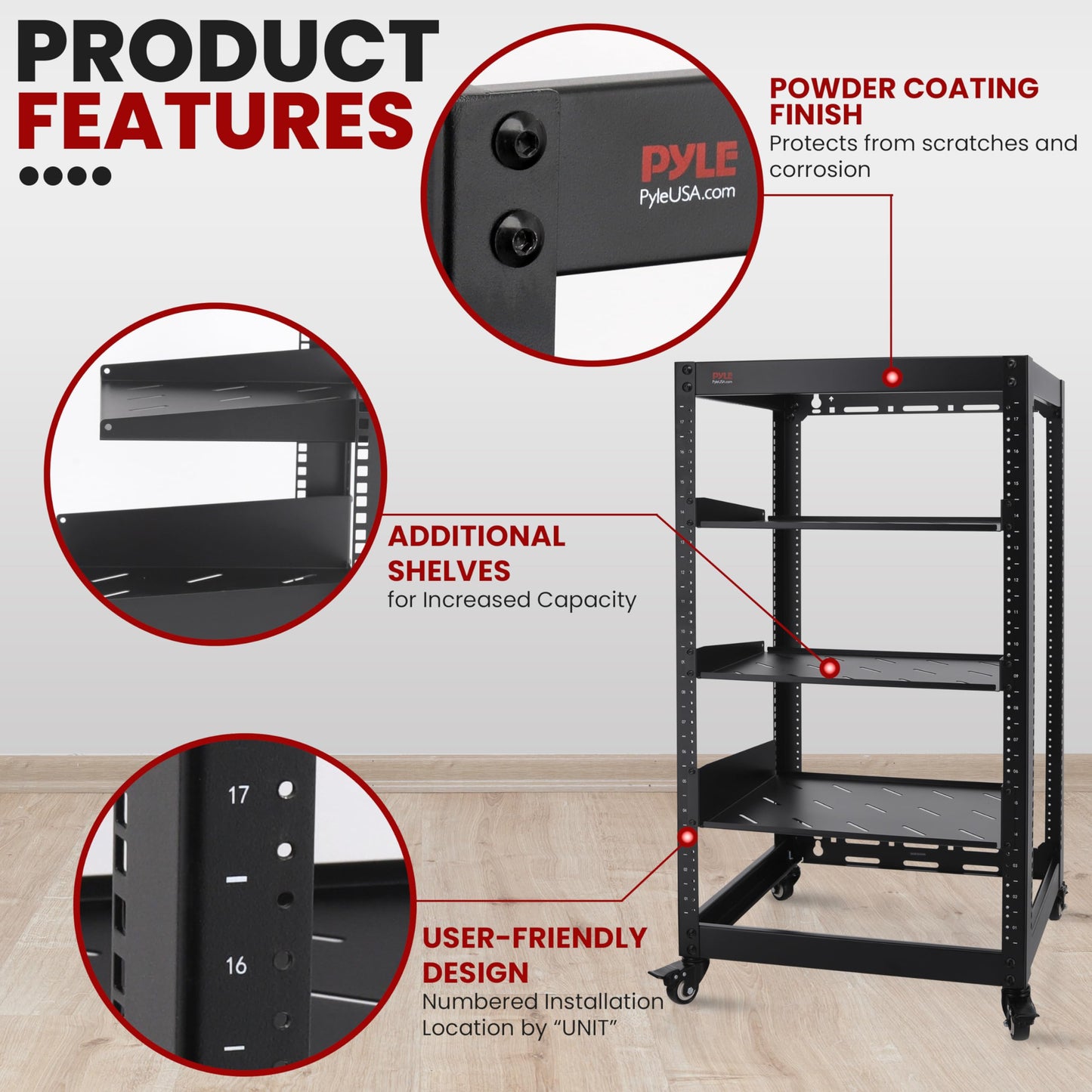 Pyle 20U Open Frame Server Rack - Wall Mount Network Rack for Servers, Networking & AV Gear - Heavy-Duty 19" Equipment, Includes 1U & 2U Vented Shelves for Airflow, Lockable Wheels - 440 lbs Capacity