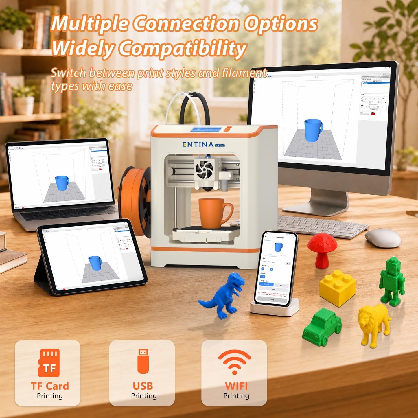 ENTINA TINA2C Mini 3D Printer with Wi-Fi & App Control, Fully Assembled, Auto Leveling, Silent Print,1500+ Models, 20+ DIY Modules, Fully Open Source DIY 3D Printer for Beginners, Makers