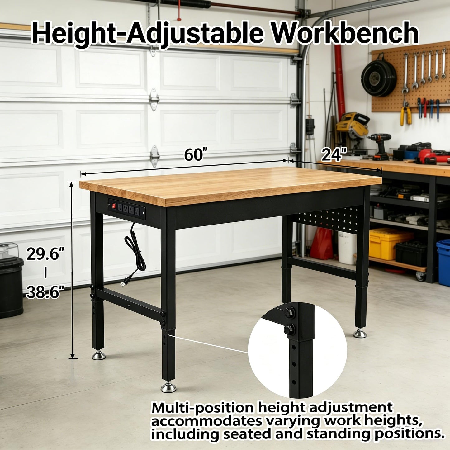 60 Inch Adjustable Workbench with Power Outlet Heavy Duty 2500 LBS Load Capacity Hardwood Work Table for Garage 6 Level Height Adjustable Workshop Bench with Wheels (60"x24")