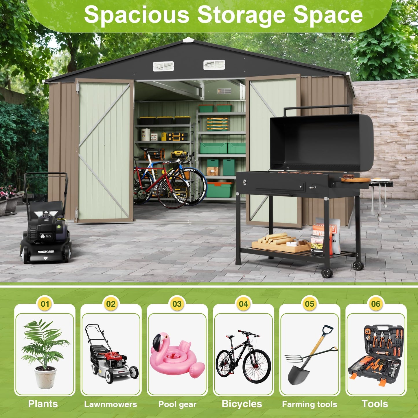 JUMMICO 10 x 10 FT Outdoor Storage Shed, Large Metal Garden Shed & Tool Sheds for Backyard Garden Patio Lawn (Brown)