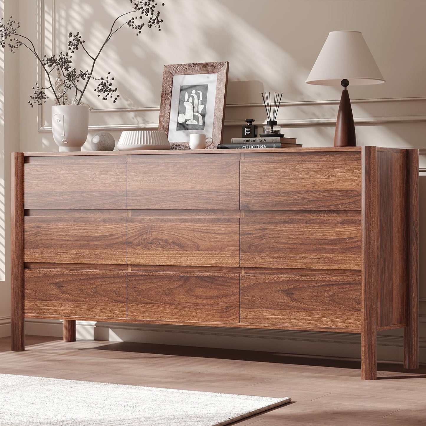 CHUWELL 3-Piece Bedroom Dresser Set-9 Drawer Dresser & 2 Nightstands,63" Wide Walnut Dresser and Night Stands with Solid Wood Cylindrical Legs,Rustic Wooden Storage for Bedroom
