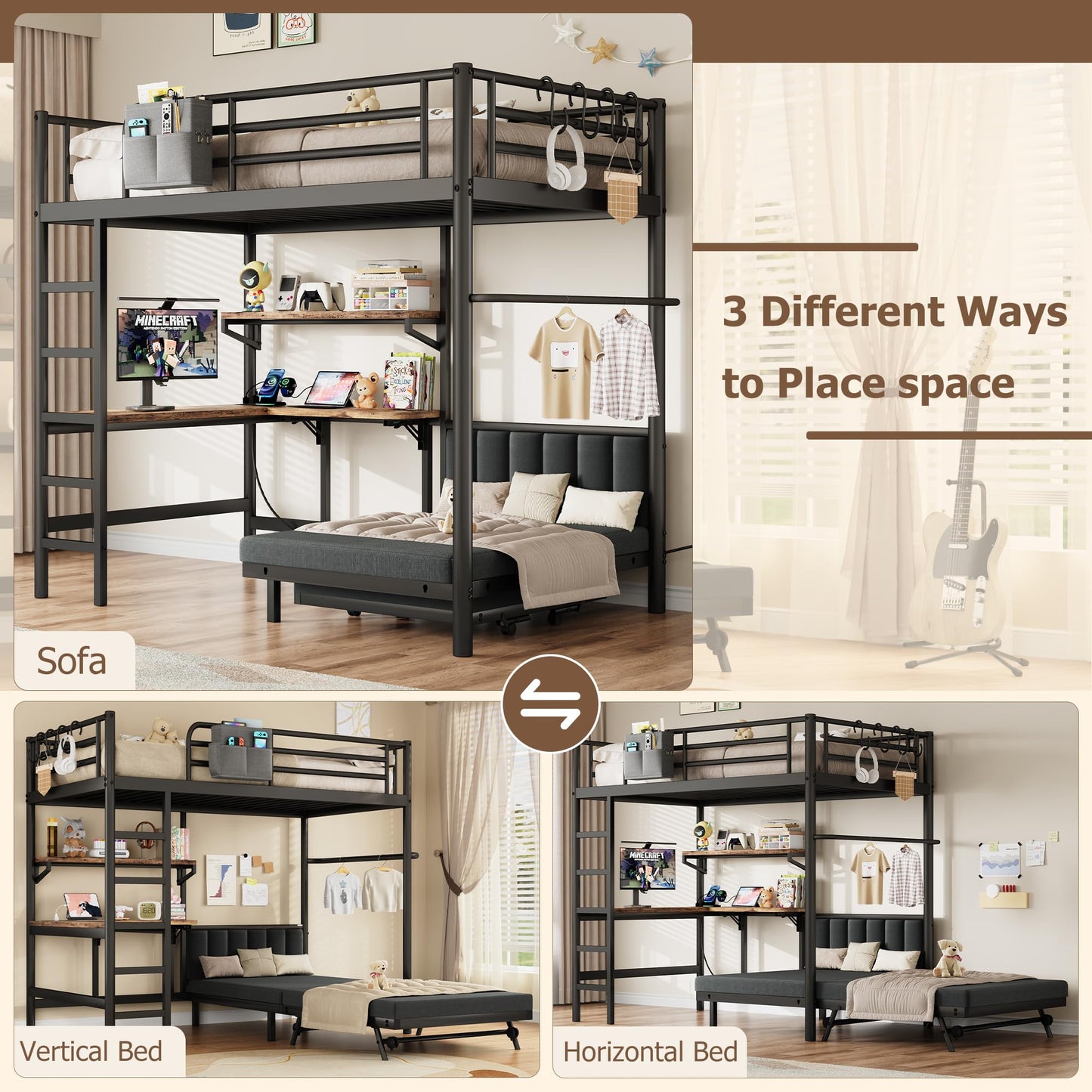 Twin Loft Bed with Pull-Out Folding Bed and Desk, Heavy Duty Metal Bunk Bed Frame with Mattress, Dual-Access Bed, Charging Station, 2-Tier Adjustable Shelves, Safety Guard Rail & Ladder (Dark Black)
