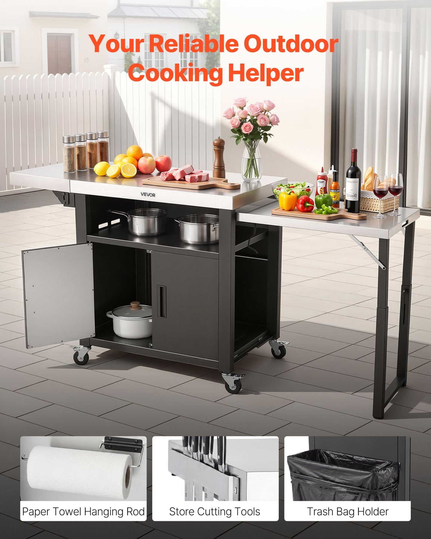 VEVOR Outdoor Grill Cart with Storage Cabinet, 74.8 Inch Grill Table, Waterproof Kitchen Island with Stainless Steel Top, Pull-Out Plate, Wheels, Movable Food Prep Station for Patio Bar Backyard BBQ