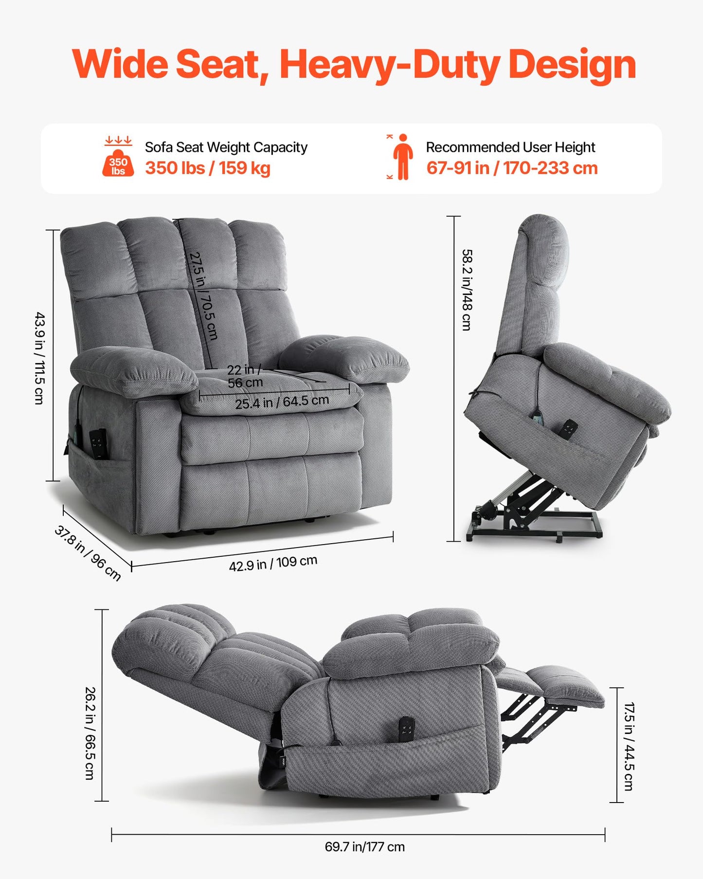 VEVOR Oversized Power Lift Recliner Chairs, Dual Motor Lift Chair with Heat and Massage for Elderly, Position Adjustable, with Side Pockets, Cup Holders and USB Port, Chenille Fabric, Light Gray