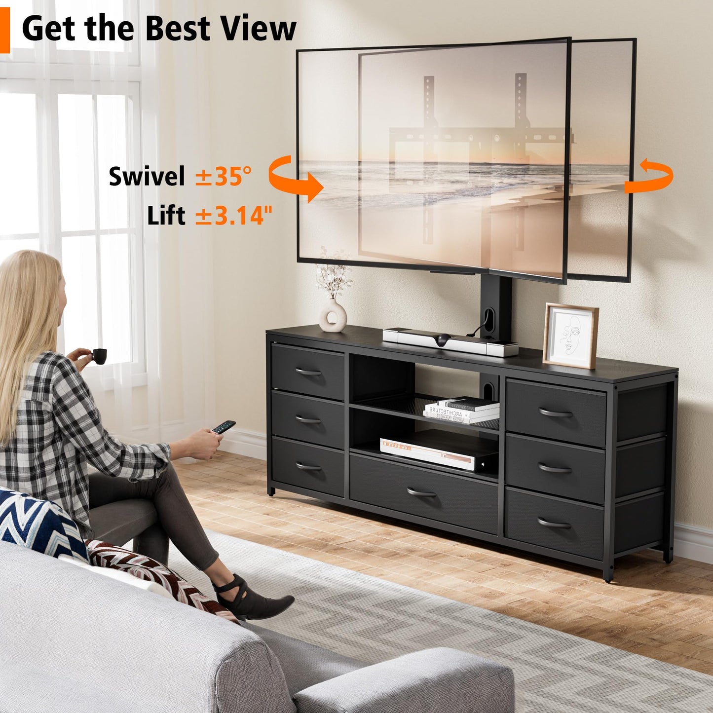 TV Stand with Mount and 7 Fabric Drawers, Led Entertainment Center with Power Outlets for 32 45 55 60 65 70 inch TVs, Black Dresser with Open Shelves, Media Console Cabinet for Living Room Bedroom