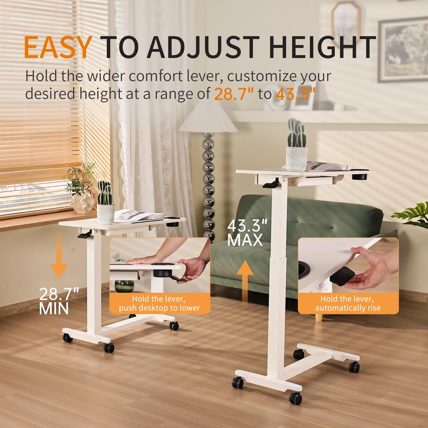 yaaqoo Height Adjustable Overbed Table with Drawer and Wheels, Rolling Standing Laptop Desk, Portable Bedside Tables with Slot, Cup Holder, Mobile Pneumatic Computer Cart, White