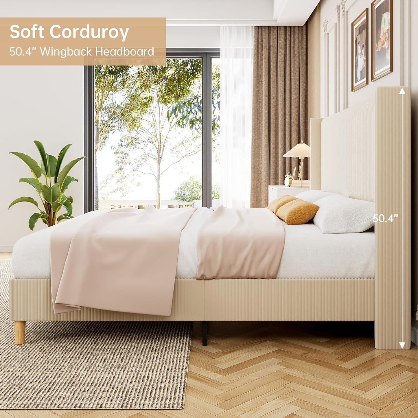GAOMON Upholstered Bed Frame with Tall Wing-Back Headboard, Queen Size Corduroy Bed Frame with Sturdy Wooden Slats, No Box Spring Needed, Noise Free, Easy Assembly, Beige