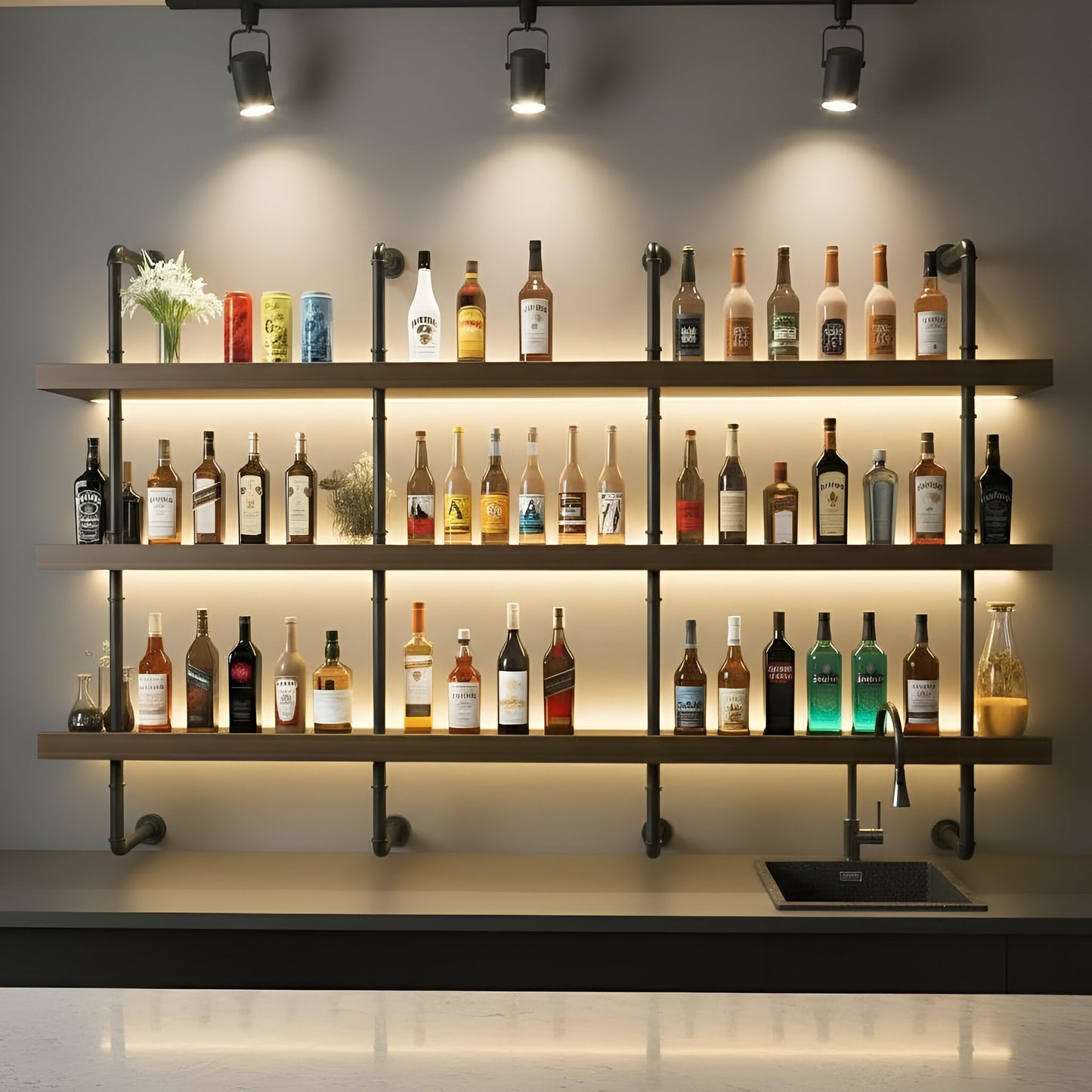 59-inch Modern Wall-Mounted Wine Rack with LED Lights, 3-Tier Liquor Bottle Bar Display Shelf, Industrial Wine Rack Floating Bar Shelf, Multifunctional Wine Storage Rack for Home Bar, Kitchen, Cafe