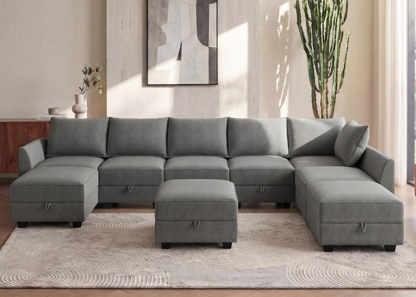 HONBAY Oversized Modular Sectional Sofa with Storage Seats Reversible Couch with Ottomans U Shaped Modular Sectional Couch for Living Room, Grey