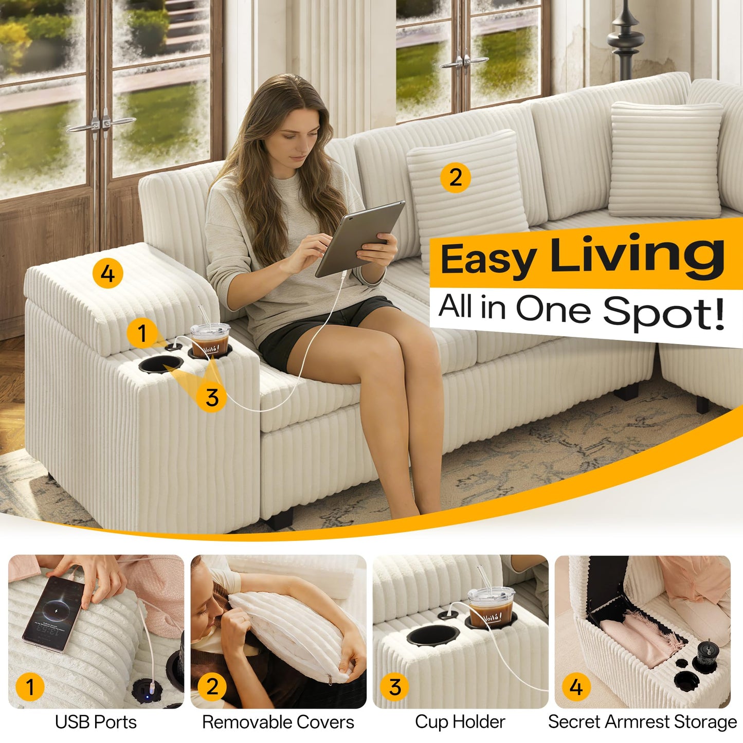 KEIKI 110" L-Shaped Oversized Plush Corduroy Modular Sectional Sofa with Pull-Out Bed, Convertible 6-Seater Sleeper Couch Bed with 1 Ottomans & USB & Cup Holders, Easy Assembly, for Living Room, Beige