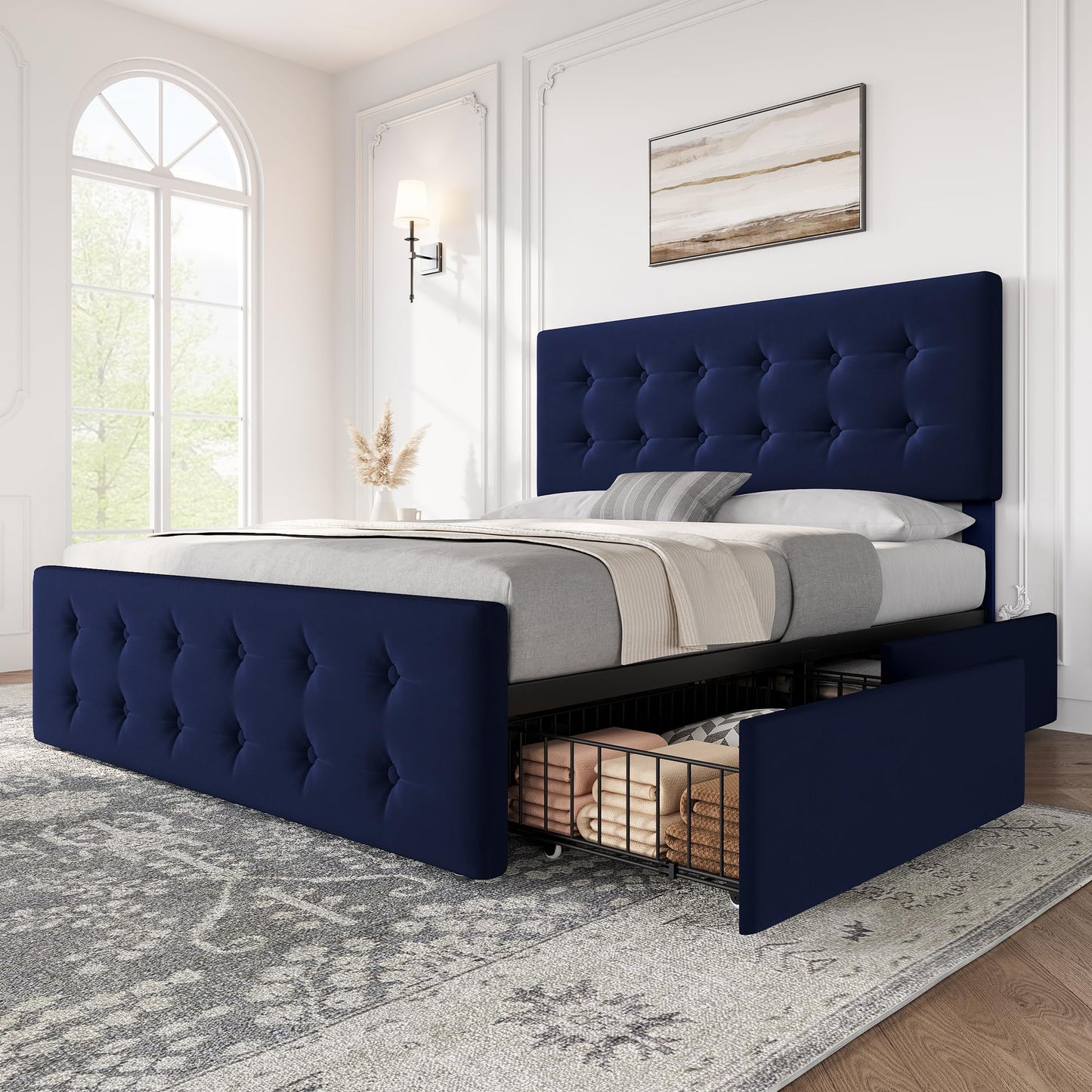 GAOMON Queen Size Bed Frame with 4 Drawers and Adjustable Headboard, Velvet Upholstered Platform Bed with Button Tufted Design, No Box Spring Needed, Strong Wooden Slats, Blue