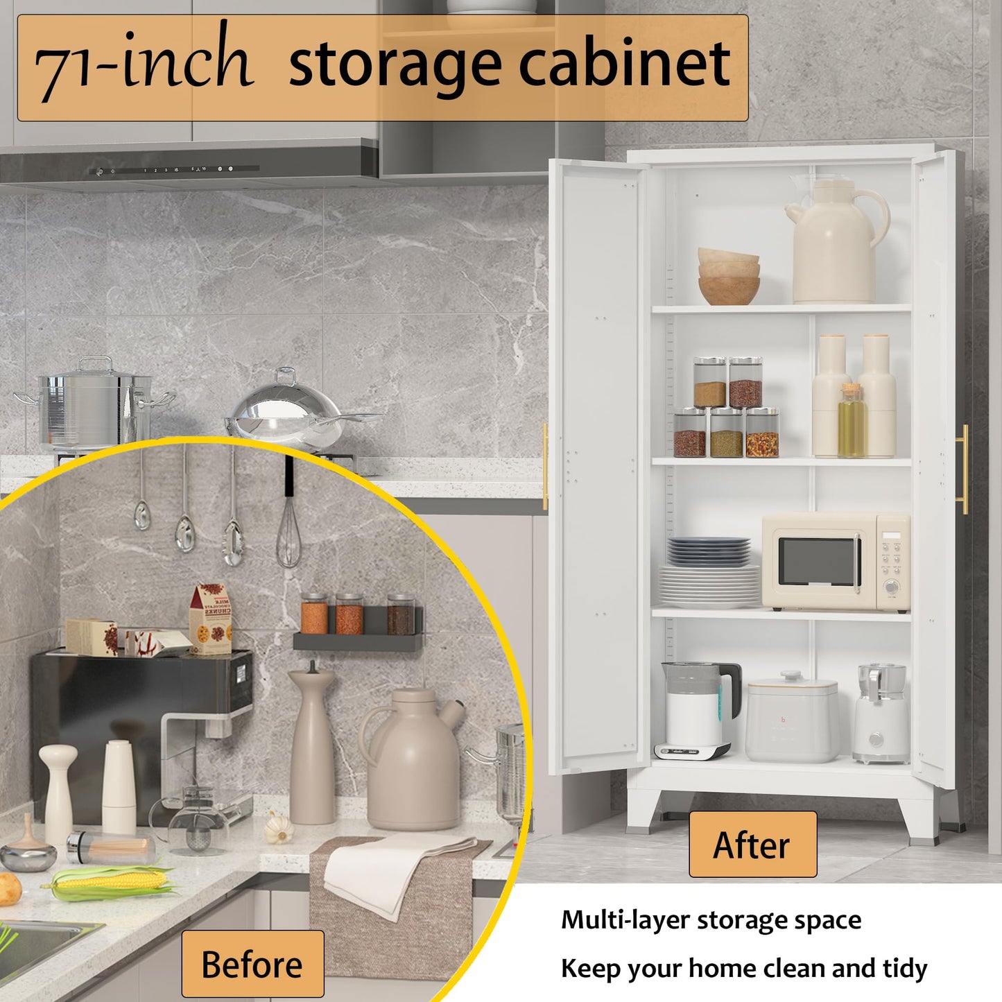 Elitehouse 61" Tall Metal Storage Cabinet with Barn Doors and 3 Adjustable Shelves,4-Tier Large Kitchen Pantry Cabinet for Kitchen, Bathroom, Dining Room, Utility Room - White