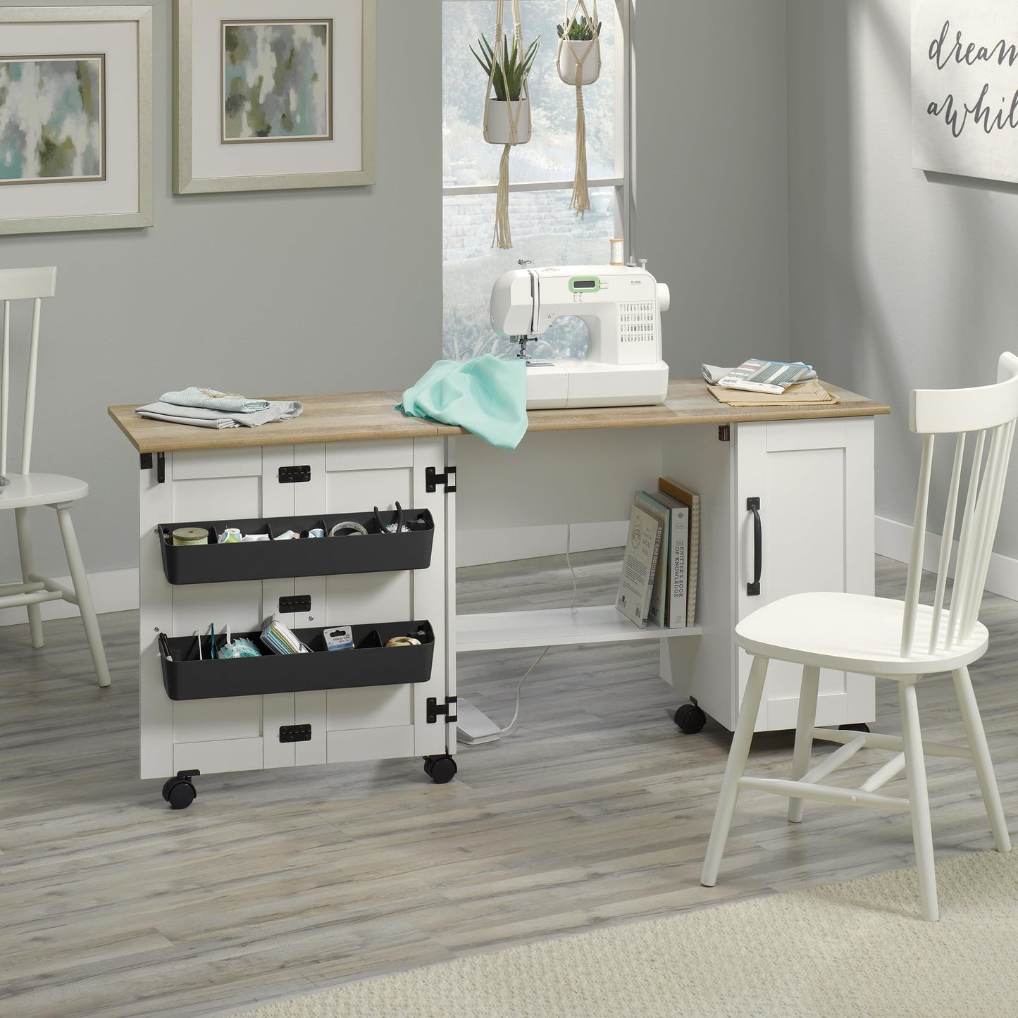 Sauder Miscellaneous Storage Sewing Cart, Drop-Leaf Craft Table, Sewing Table with Storage - Soft White Finish