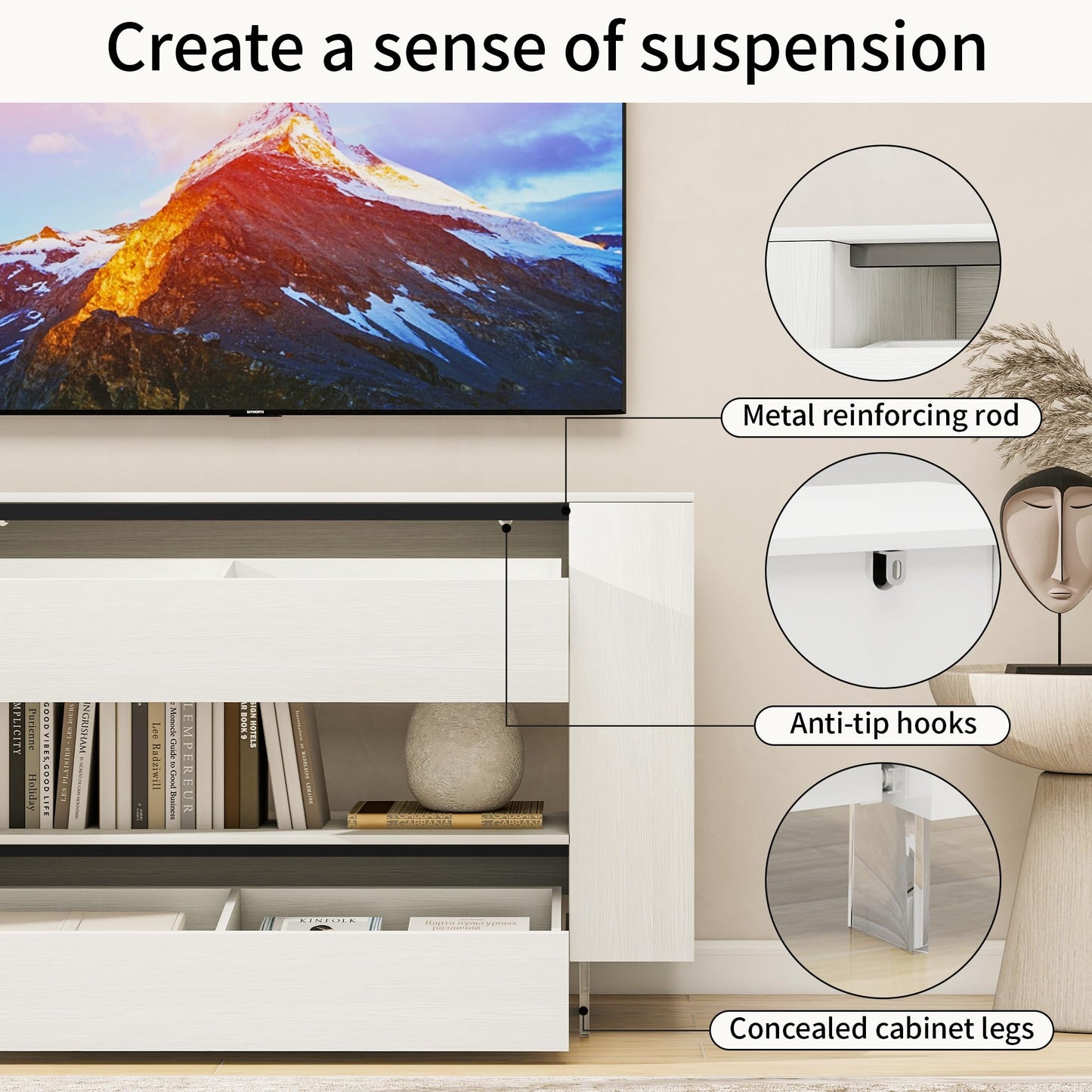 55" TV Stand with 2 Drawers & Hidden Storage Cabinets, White Wood Grain