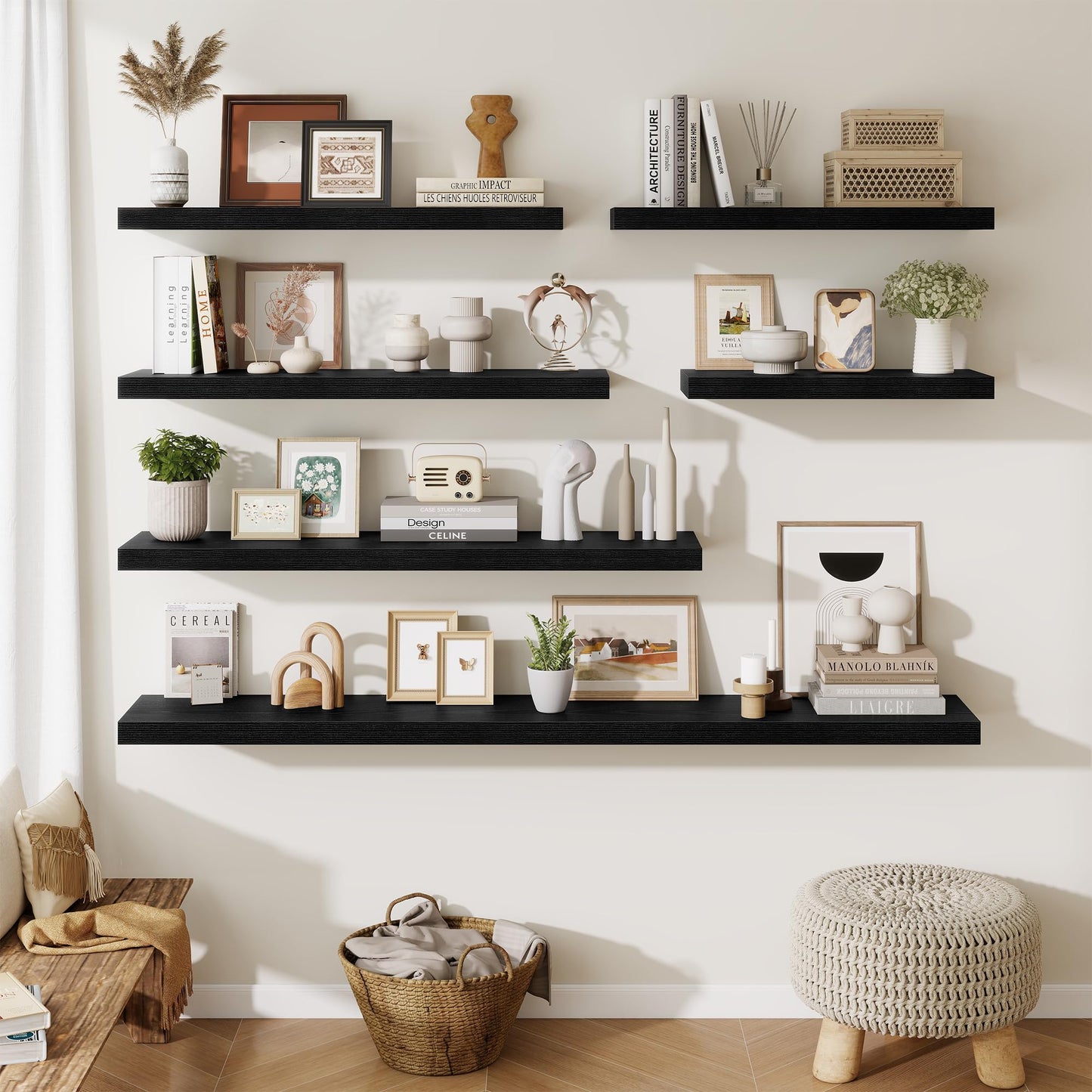 Fun Memories 72 Inch Fireplace Mantel Shelf, 10 Inch Deep Shelves for Display & Wall Storage, Rustic Wood Wall Shelf, Extra Long Floating Shelves for Living Room Laundry Room, Black, Set of 2