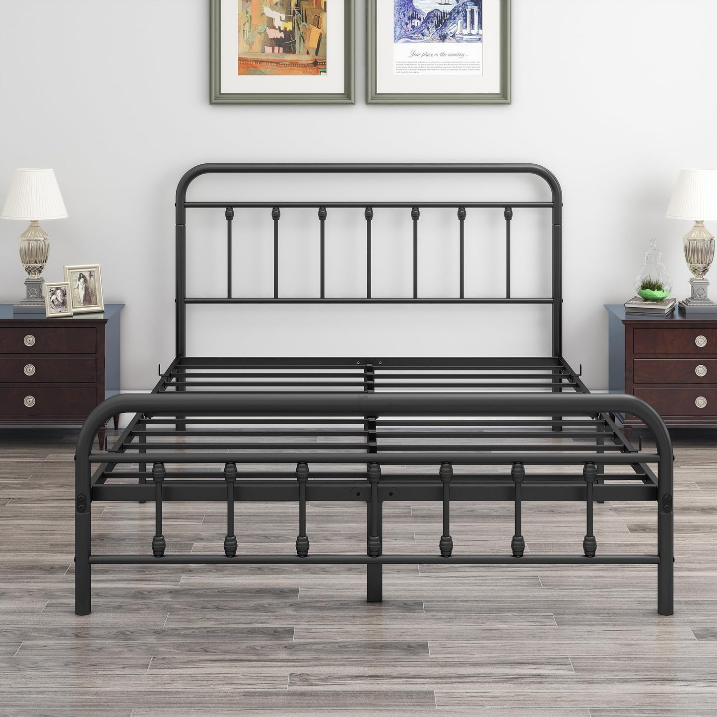 DUMEE Metal Queen Bed Frame with Headboard and Footboard Farmhouse Platform Bed Frame Queen Size Under Bed Storage No Box Spring Needed, Textured Black